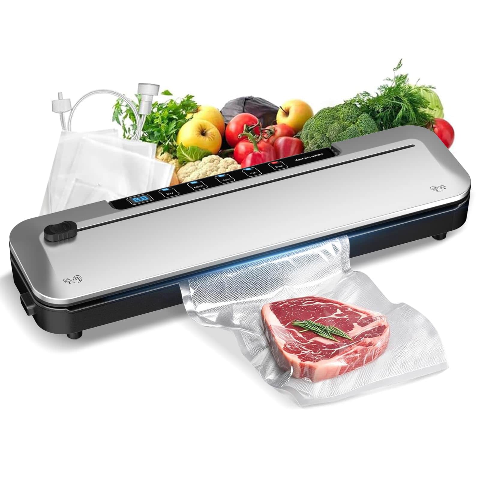 GlowWise - Powerful 75Kpa Vacuum Sealer, 6-in-1 with Dry/Moist Food Modes, Built-in Cutter & 10 Bags - Silver