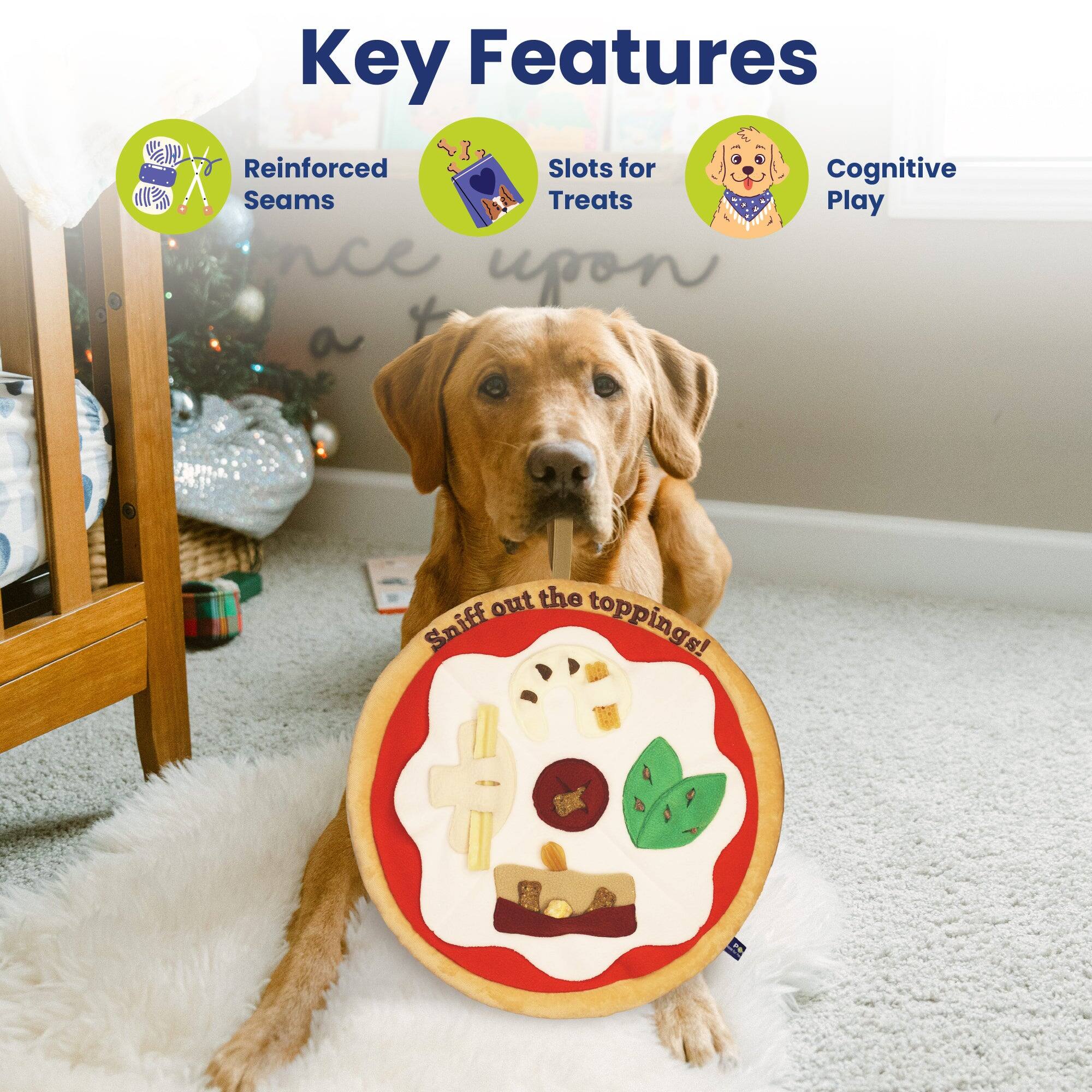 Key Features  
- Reinforced Seams  
- Slots for Treats  
- Cognitive Play  

Sniff out the toppings!