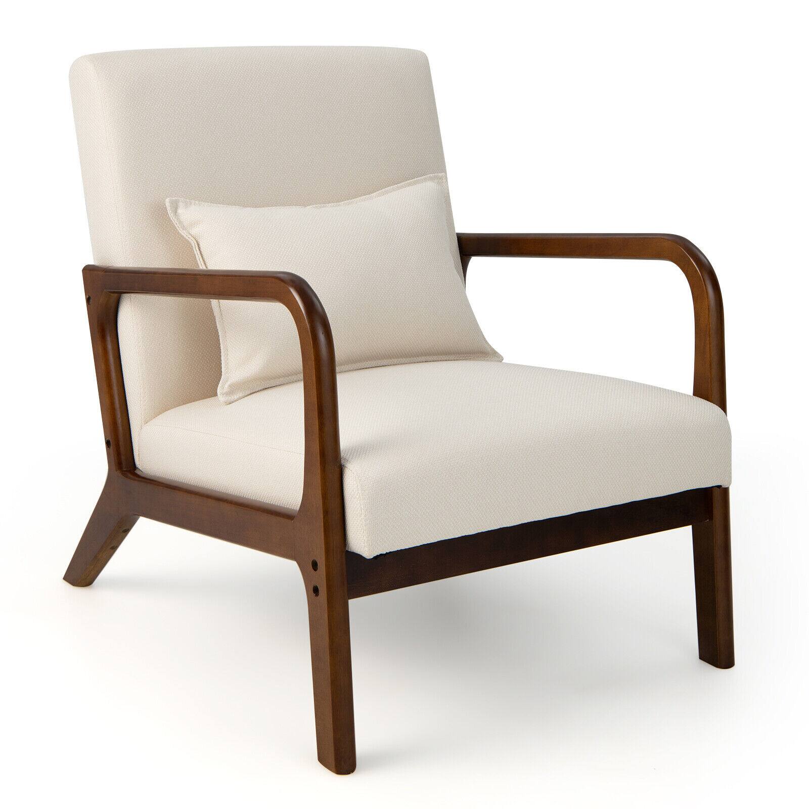 Front. WELLFOR - Modern Accent Chair with Rubber Wood Frame and Lumbar Pillow - Beige.