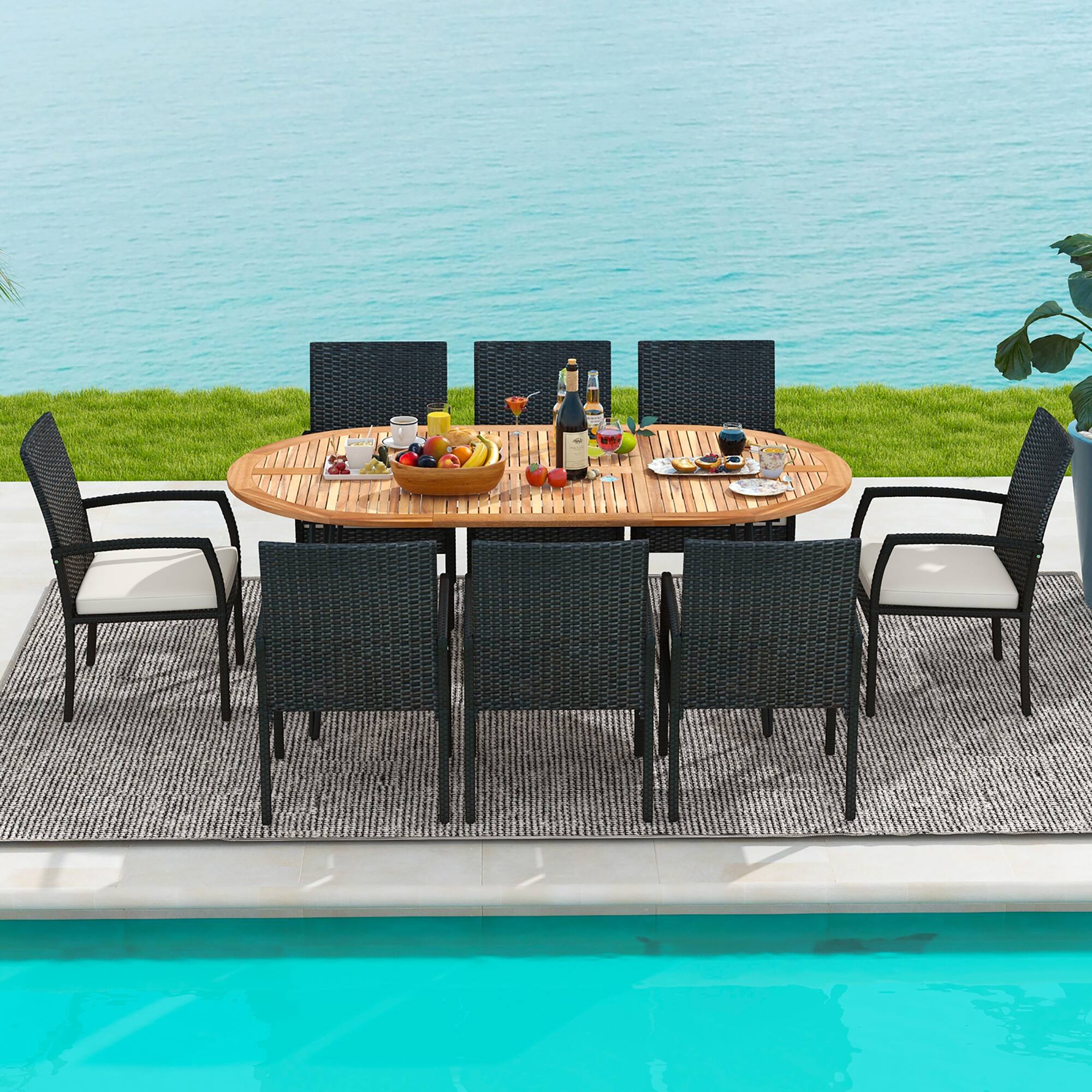 Alt View 3. Gymax - Gymax 9 PCS Patio Rattan Dining Set Acacia Wood Table & 8 Patio Wicker Armchairs Mix Brown - Mix Brown, Off White.