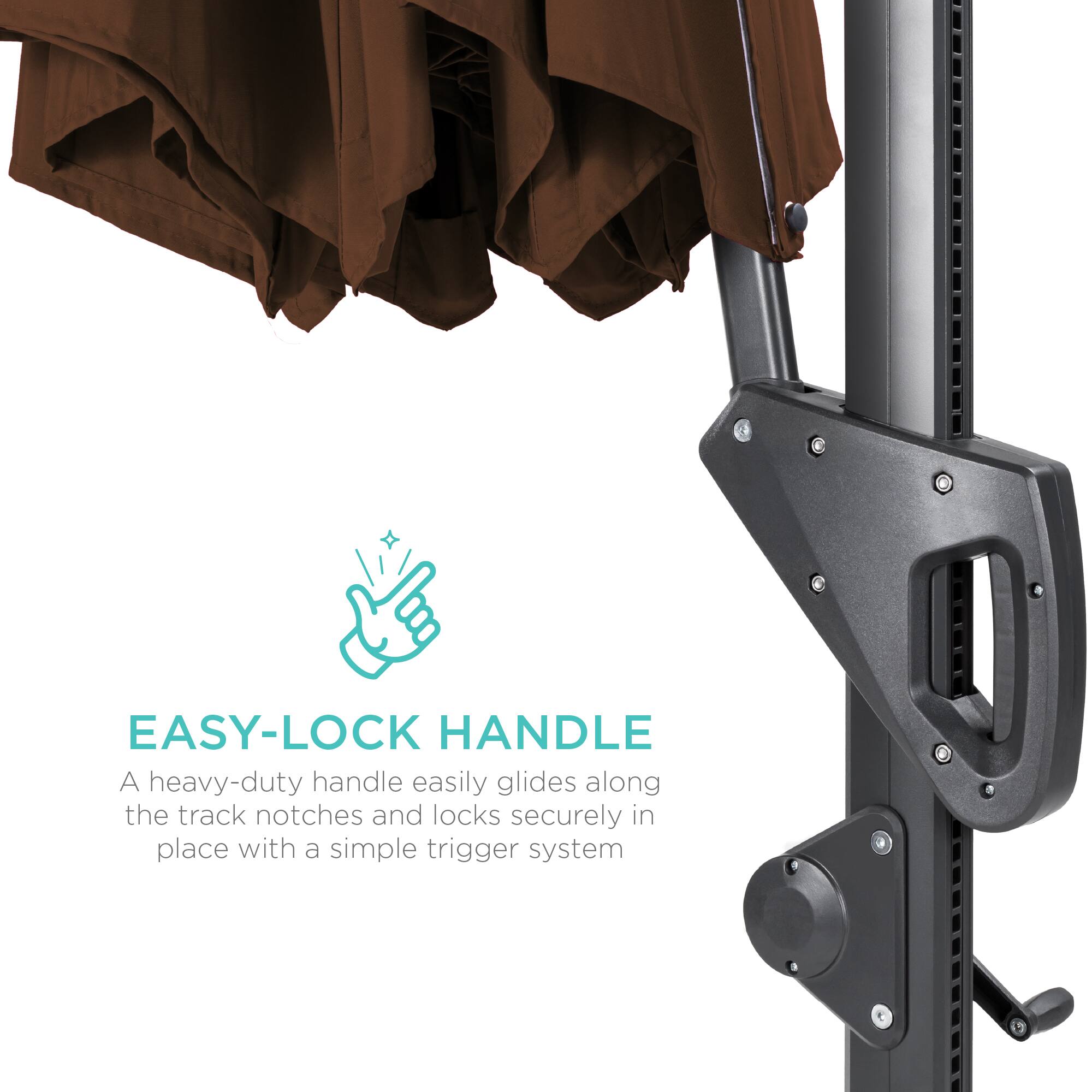 EASY-LOCK HANDLE

A heavy-duty handle easily glides along the track notches and locks securely in place with a simple trigger system.