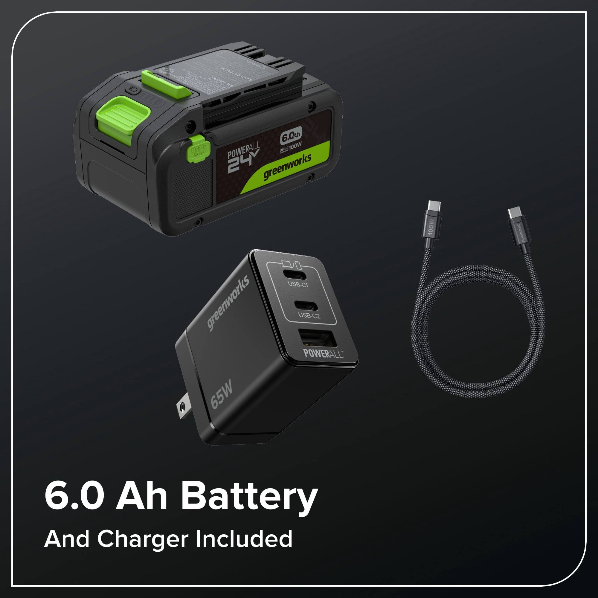 Kedala 6.0%h E a POWERALL OW - 24 greenworks greenworks A 65W USB-C1 USB-C2 POWERALL 100W 6.0 Ah Battery And Charger Included