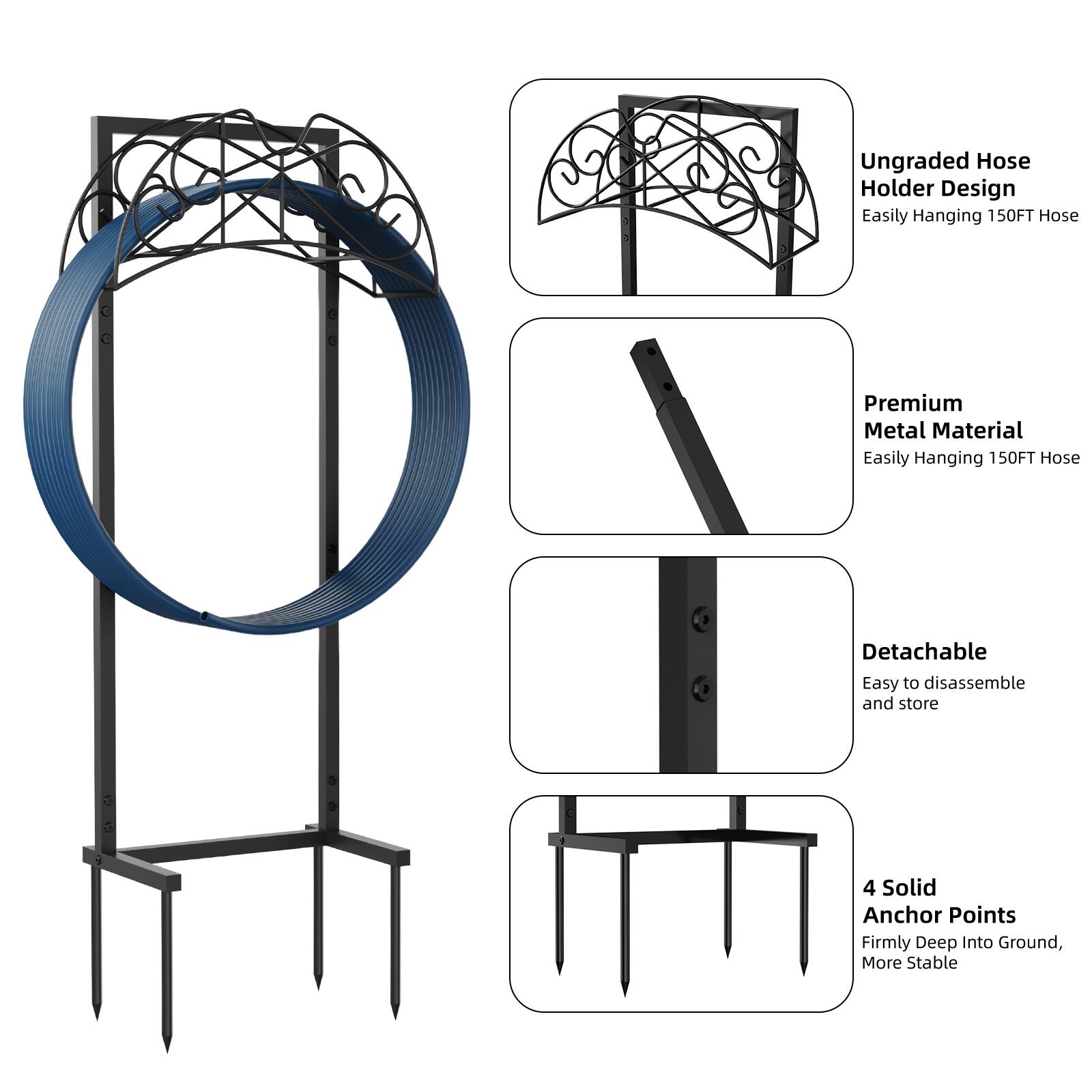 Ungraded Hose Holder Design Easily Hanging 150FT Hose Premium Metal Material Easily Hanging 150FT Hose Detachable Easy to disassemble and store 4 Solid Anchor Points Firmly Deep Into Ground, More Stable