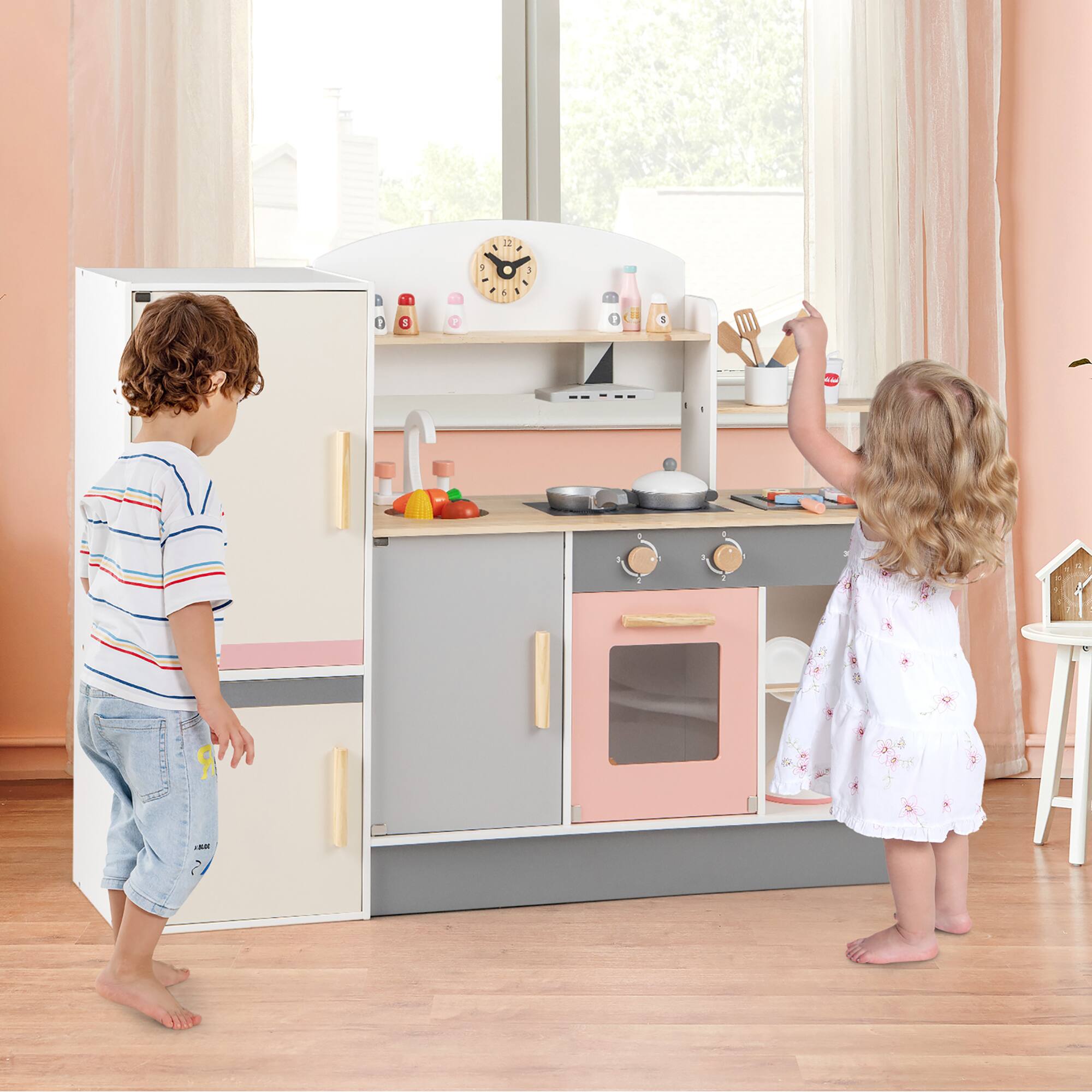 Alt View 3. Gymax - Gymax Kids Chef Play Kitchen Set Toddlers Wooden Pretend Toy Playset w/ Range Hood - Beige, Gray, Pink.