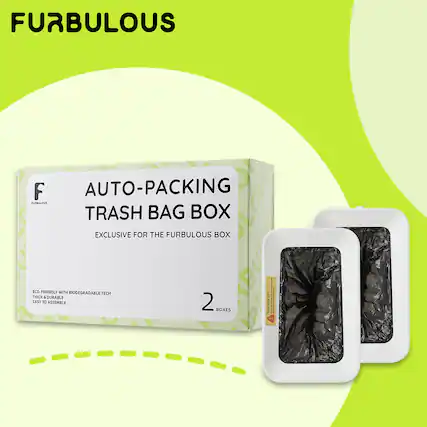 FURBULOUS AUTO-PACKING TRASH BAG BOX EXCLUSIVE FOR THE FURBULOUS BOX 3 THICK & DURABLE LASY TO ASSEMBLE 2 BOXES 1 Thick & Durable LASY TO ASSEMBLE 2 BOXES