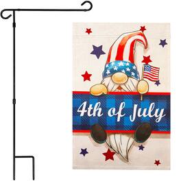 G128 - Combo Pack: Garden Flag Stand 36x16 in & 4th of July Gnome Printed 12x18 Double-Sided Flag - Red, White, Blue