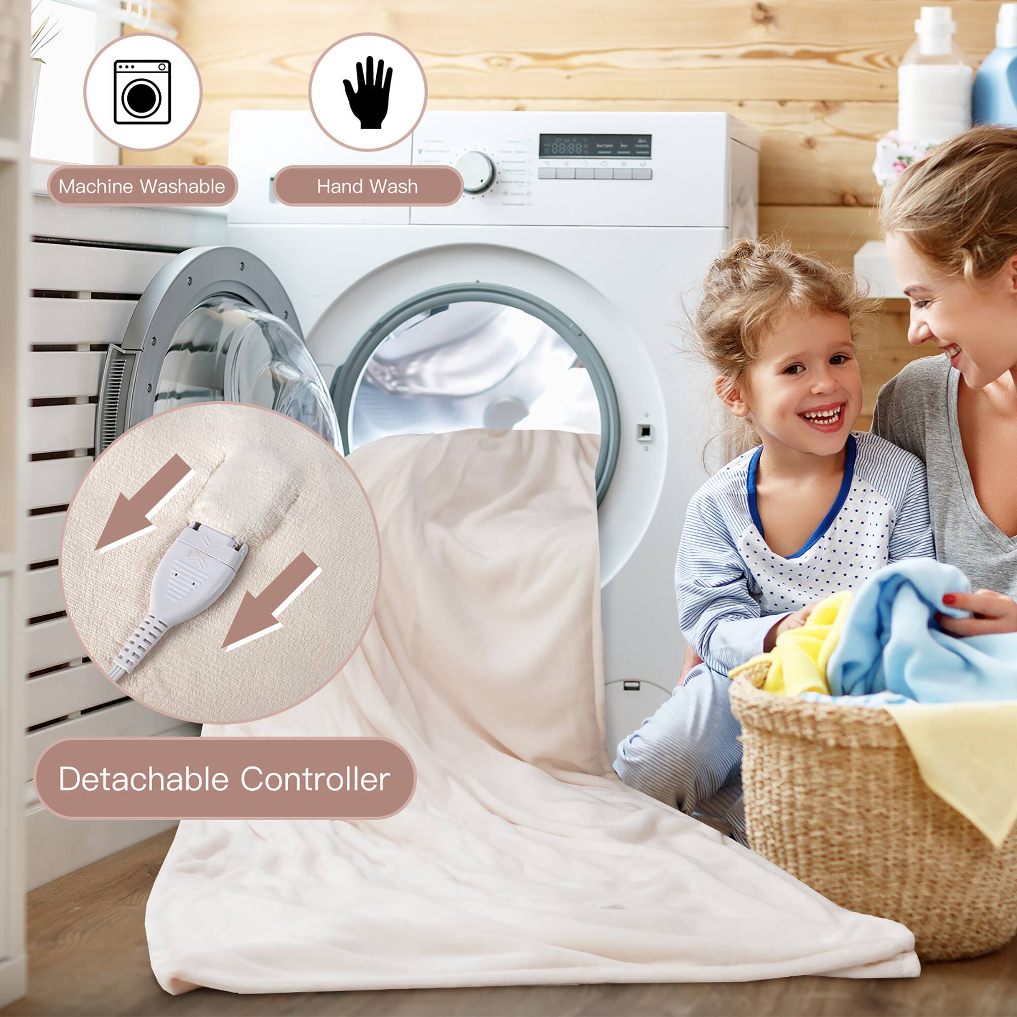 The image shows a woman and a little girl in a laundry room. The woman is holding a basket of clothes, and the little girl is smiling. The scene includes a washing machine and a dryer, with the washing machine being machine washable and having a detachable controller. The little girl is also wearing a detachable controller.