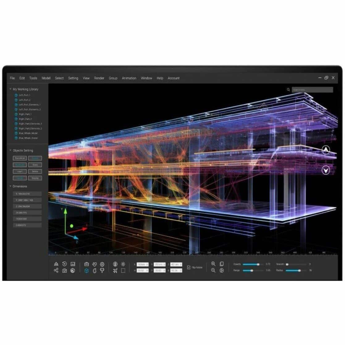 The image displays a laptop computer screen with a 3D model of a building, which appears to be a skyscraper. The model is being rendered in a program, possibly SketchUp, and is shown in a wireframe view. The laptop screen occupies a significant portion of the image, with the 3D model taking up most of the screen space. The scene suggests that the user is working on a project related to architecture or urban planning.