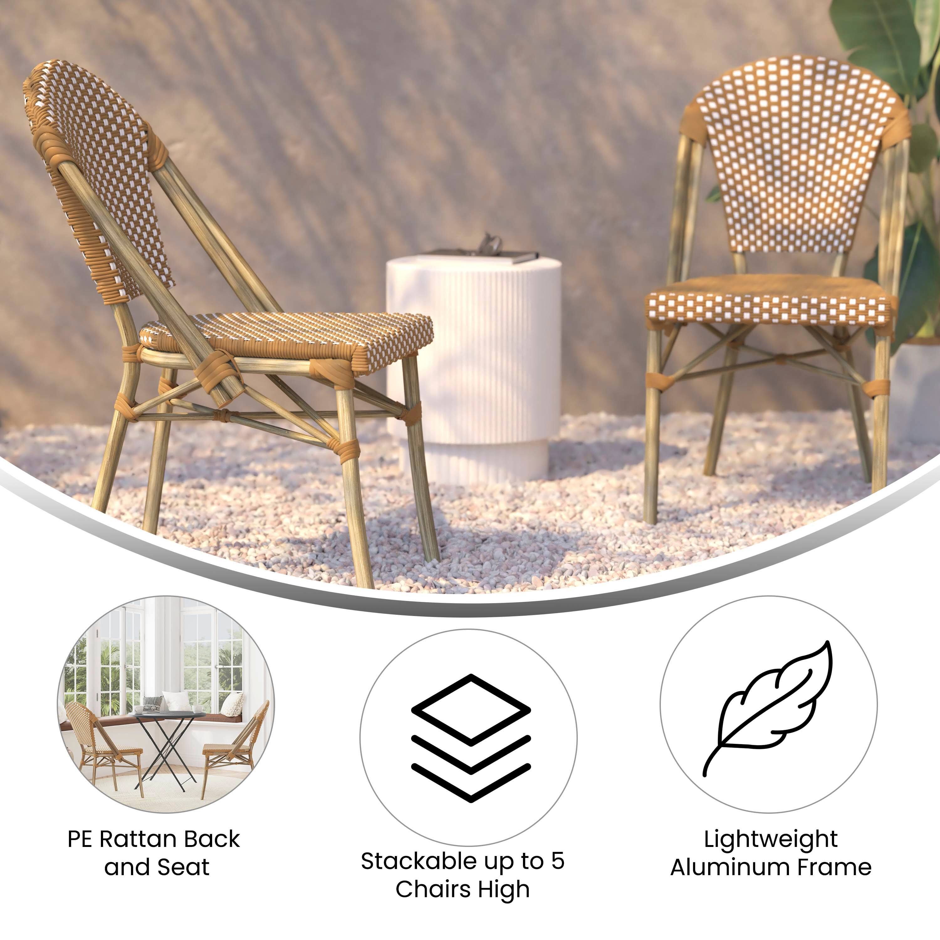 PE Rattan Back and Seat  
Stackable up to 5 Chairs High  
Lightweight Aluminum Frame
