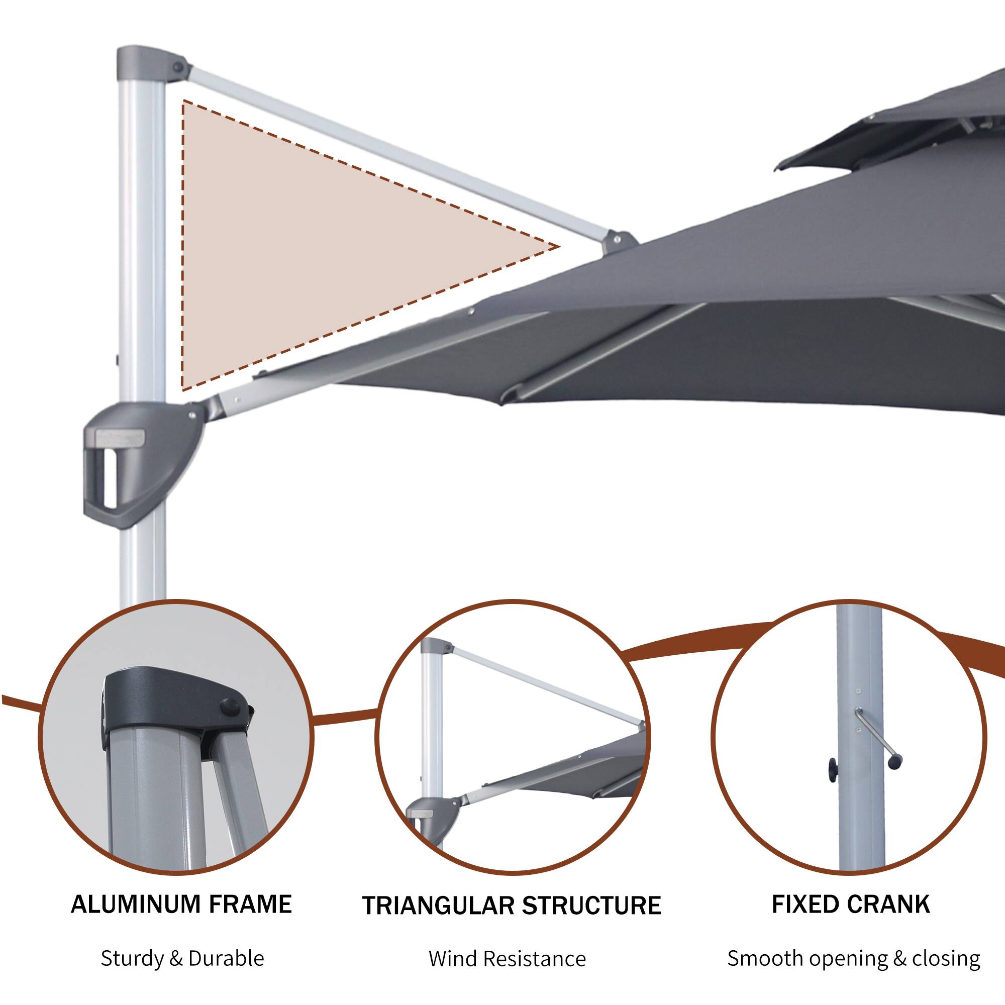 - ALUMINUM FRAME
  - Sturdy & Durable

- TRIANGULAR STRUCTURE
  - Wind Resistance

- FIXED CRANK
  - Smooth opening & closing