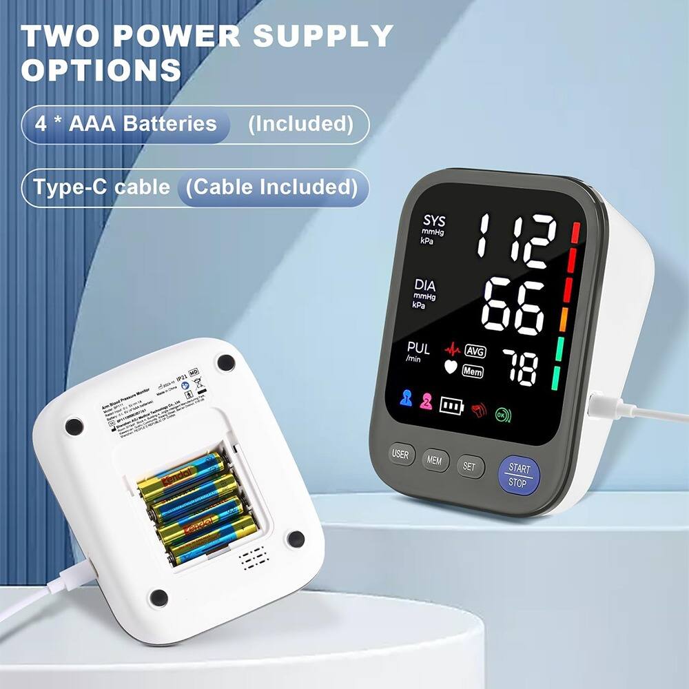 TWO POWER SUPPLY OPTIONS

4 * AAA Batteries (Included)

Type-C cable (Cable Included)

SYS mmHg kPa 112

DIA mmHg kPa 66

PUL AVG /min 78

USER MEM SET START STOP