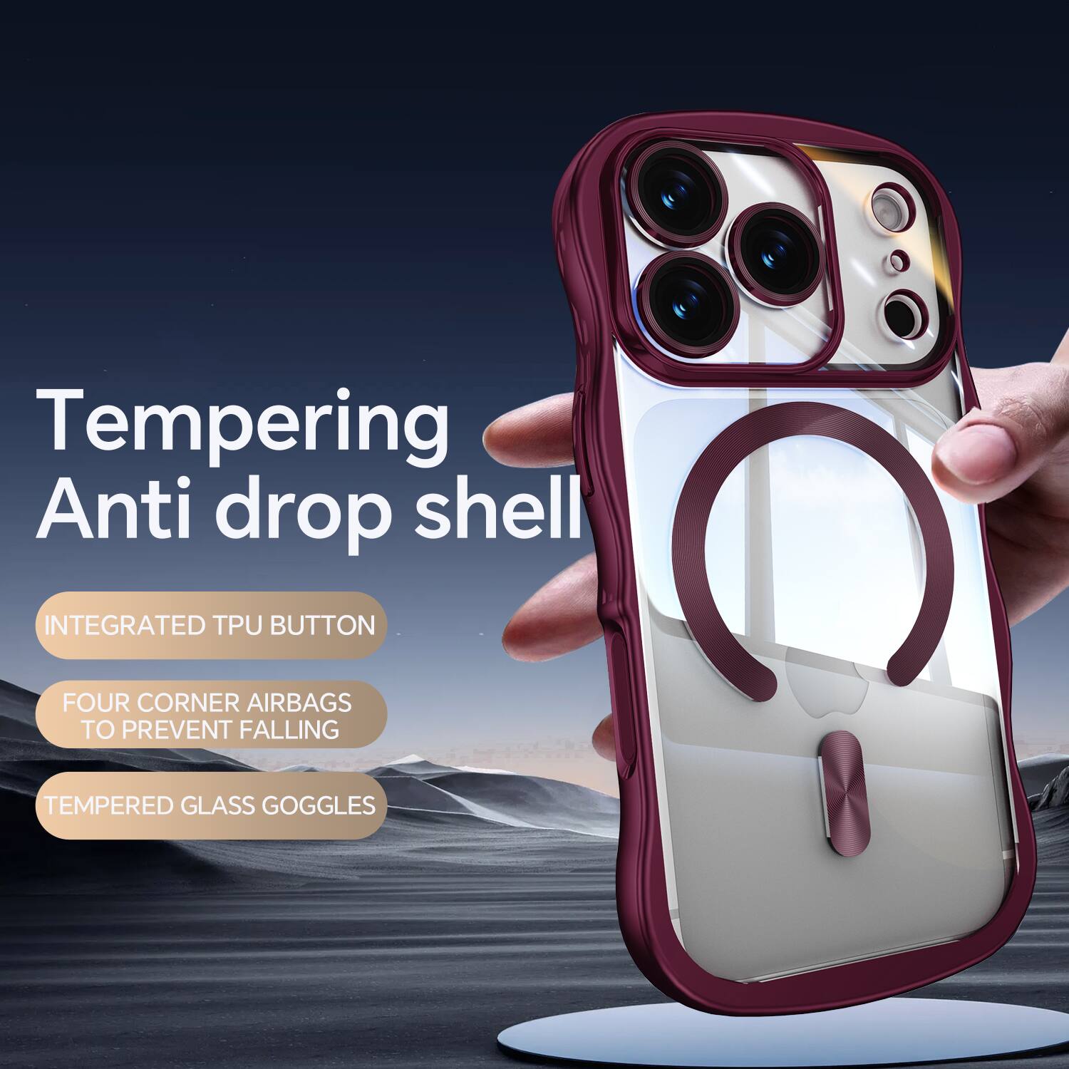 Tempering Anti drop shell

INTEGRATED TPU BUTTON

FOUR CORNER AIRBAGS TO PREVENT FALLING

TEMPERED GLASS GOGGLES