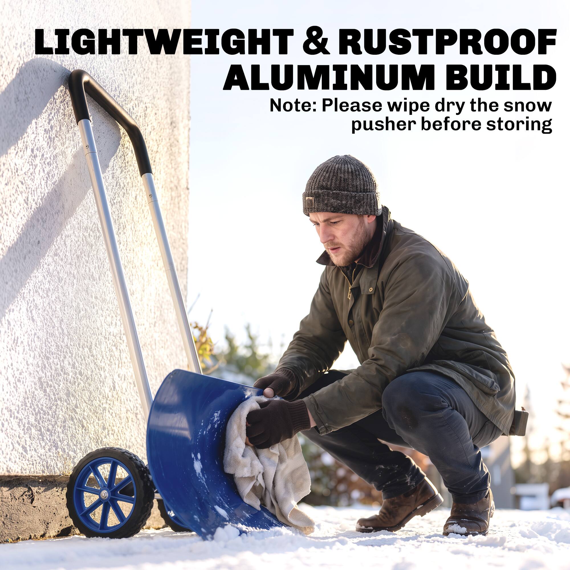 LIGHTWEIGHT & RUSTPROOF ALUMINUM BUILD  
Note: Please wipe dry the snow pusher before storing