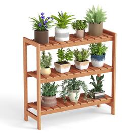 Gymax - 3-Tier Solid Wood Plant Stand w/Slatted Shelves Take Oil Finish Indoor Outdoor - Natural