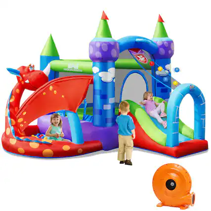 Front. Gymax - Gymax Kids Inflatable Bounce House Dragon Jumping Slide Bouncer Castle W/ 750W Blower.