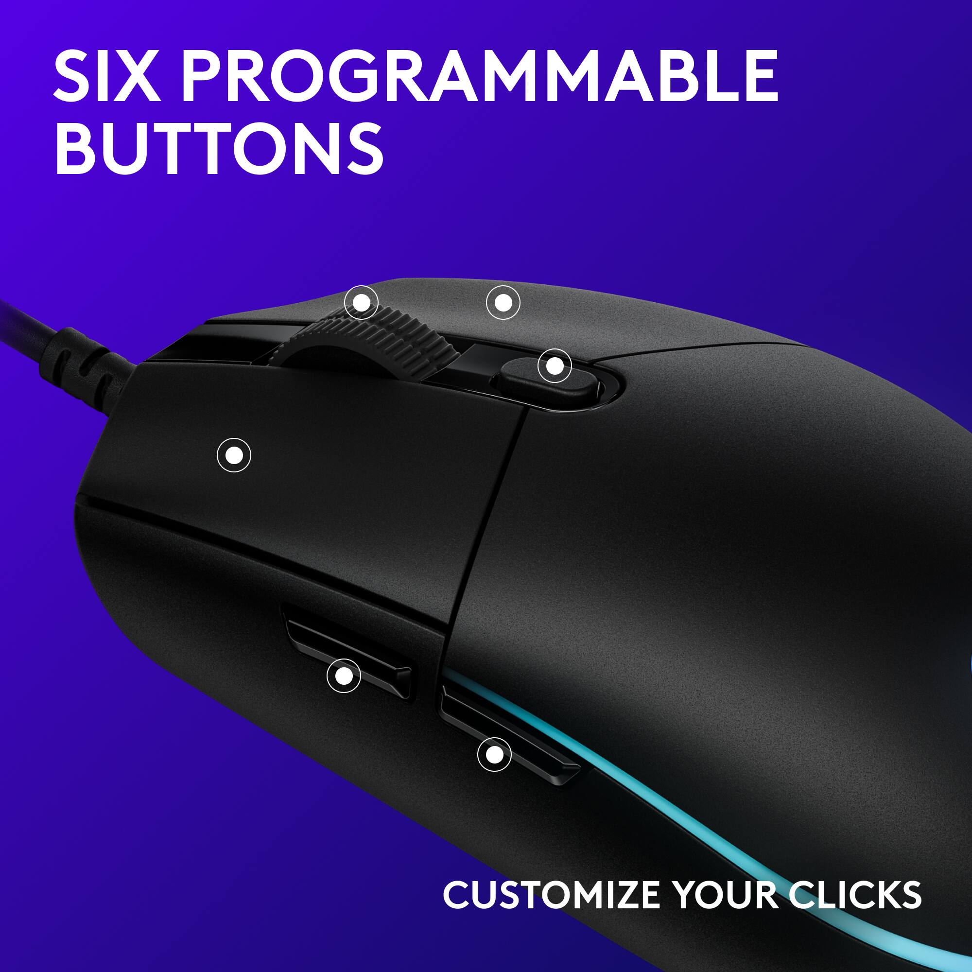 Six programmable buttons customize your clicks.