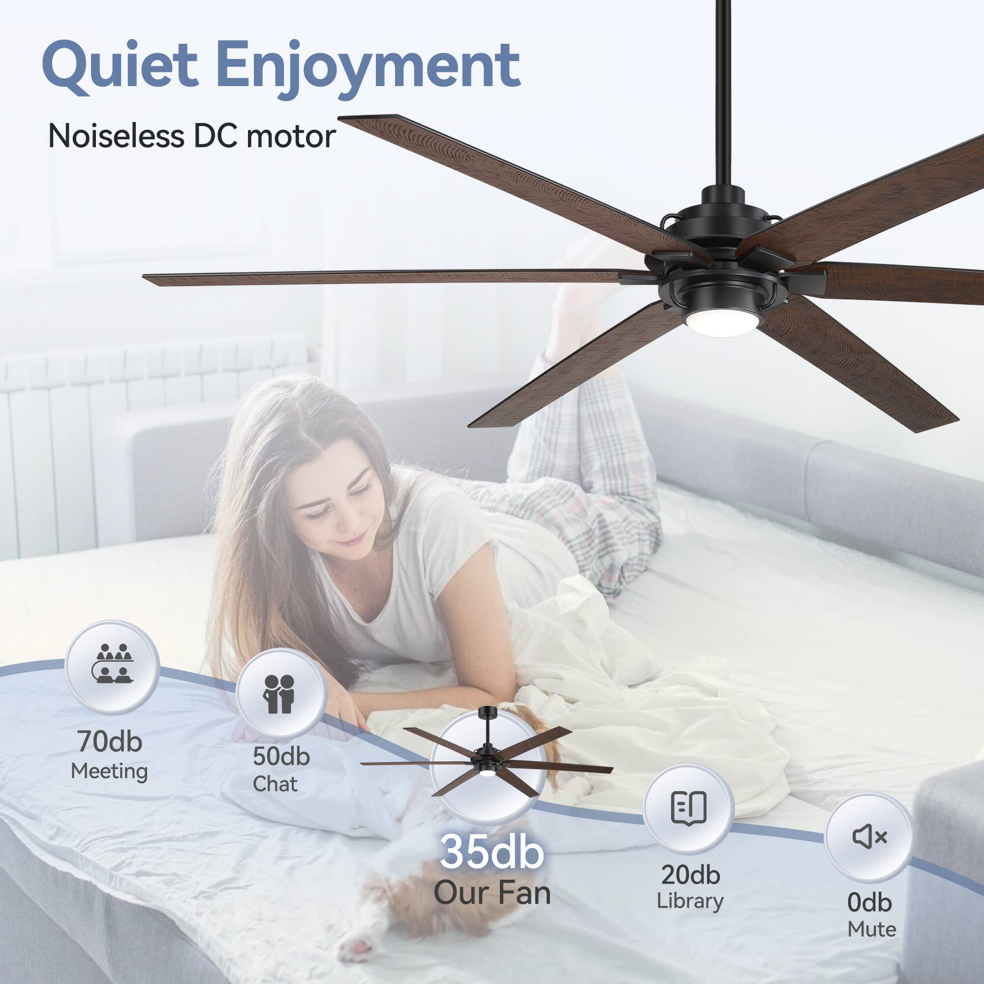 Quiet Enjoyment, Noiseless DC motor, 70db Meeting, 50db Chat, 35db Our Fan, 20db Library, 0db Mute