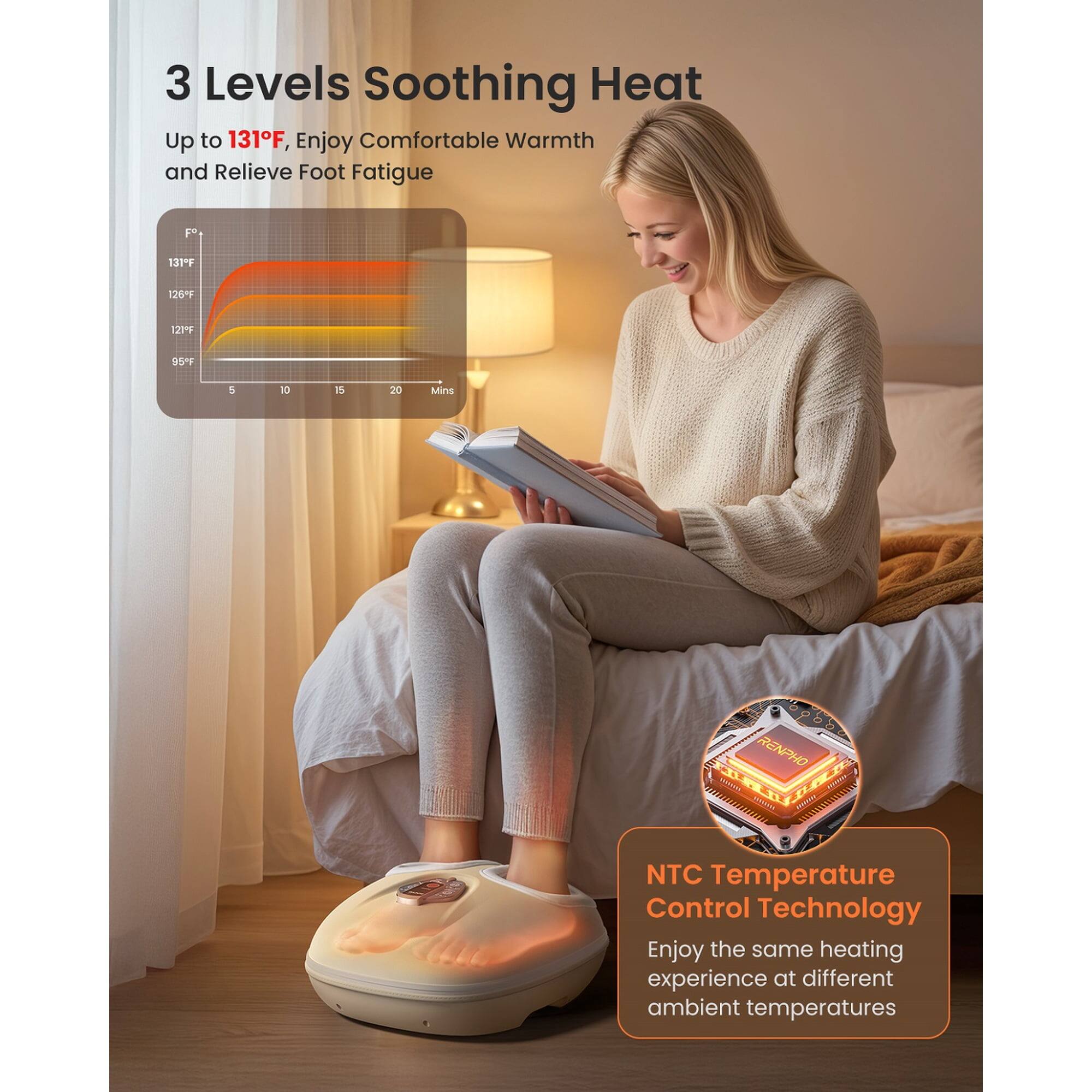3 Levels Soothing Heat Up to 131°F, Enjoy Comfortable Warmth and Relieve Foot Fatigue

131°F 121°F 95°F

20 Mins

RENPHO

NTC Temperature Control Technology

Enjoy the same heating experience at different ambient temperatures