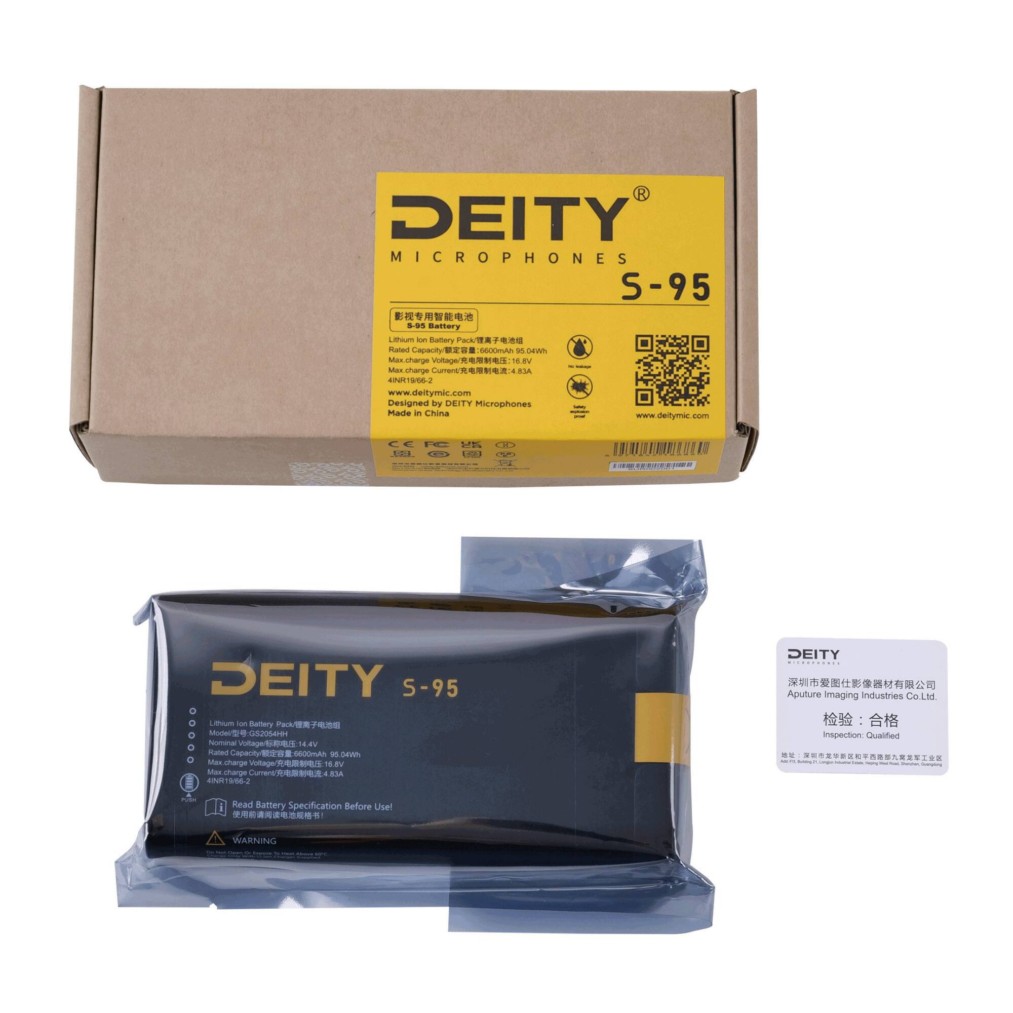 **DEITY MICROPHONES S-95**

**Battery Specification:**
- Lithium Ion Battery Pack
- Model: GQ254H
- Rated Capacity: 2600mAh
- Rated Voltage: 7.4V
- Max Charge Voltage: 8.4V
- Max Charge Current: 2A
- Designed by DEITY Microphones
- Made in China
- www.deitymic.com

**Warning:**
- Read Battery Specification Before Use!

**Inspection:**
- Inspection: Qualified
- Aputure Imaging Industries Co., Ltd.

**Additional Information:**
- 4N195962
- 7E7E42A
- 4.823A