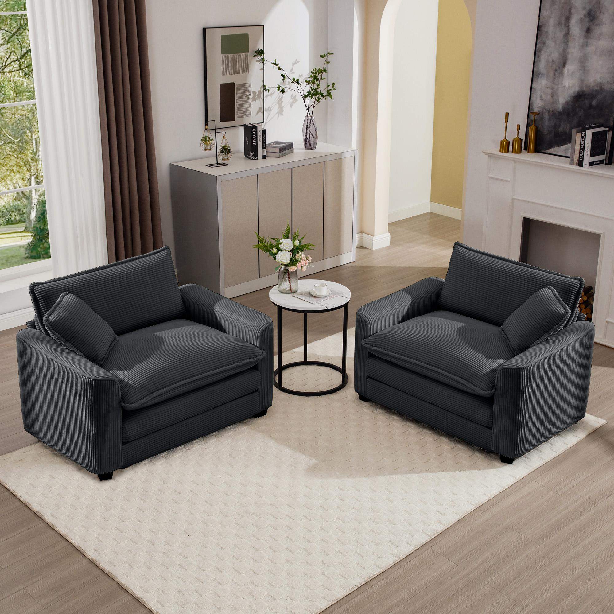 Back. LOVMOR - Luxurious and Sophisticated Deep Seated Sofa Set with Two Single Chairs in Grey Corduroy Fabric Suitable for Bedroom - Grey.