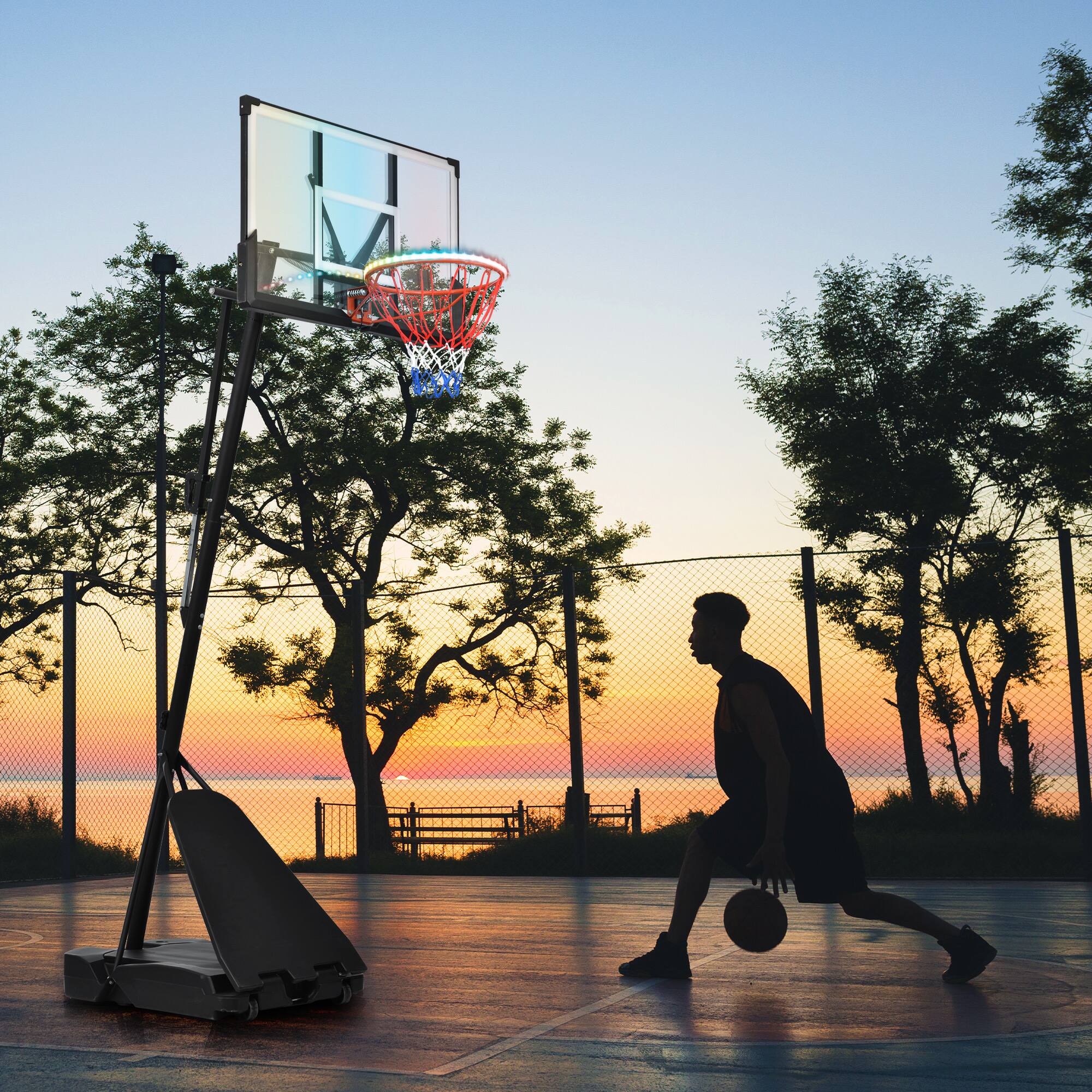 Front. ELEMENT ACE - Adjustable Height Basketball Hoop System 8-10ft for Youth & Adults with LED Lights - Black.