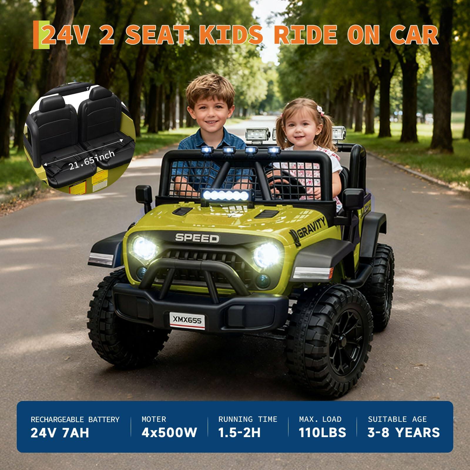 24V 2 SEAT KIDS RIDE ON CAR

- RECHARGEABLE BATTERY: 24V 7AH
- MOTOR: 4x500W
- RUNNING TIME: 1.5-2H
- MAX. LOAD: 110LBS
- SUITABLE AGE: 3-8 YEARS

21.65inch

SPEED

GRAVITY

XMX655
