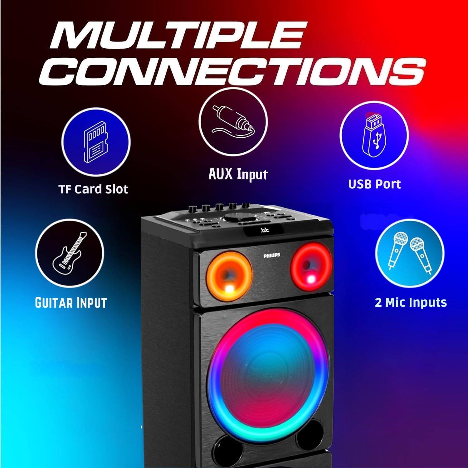 MULTIPLE CONNECTIONS

- TF Card Slot
- AUX Input
- USB Port
- PHILIPS GUITAR INPUT
- 2 Mic Inputs