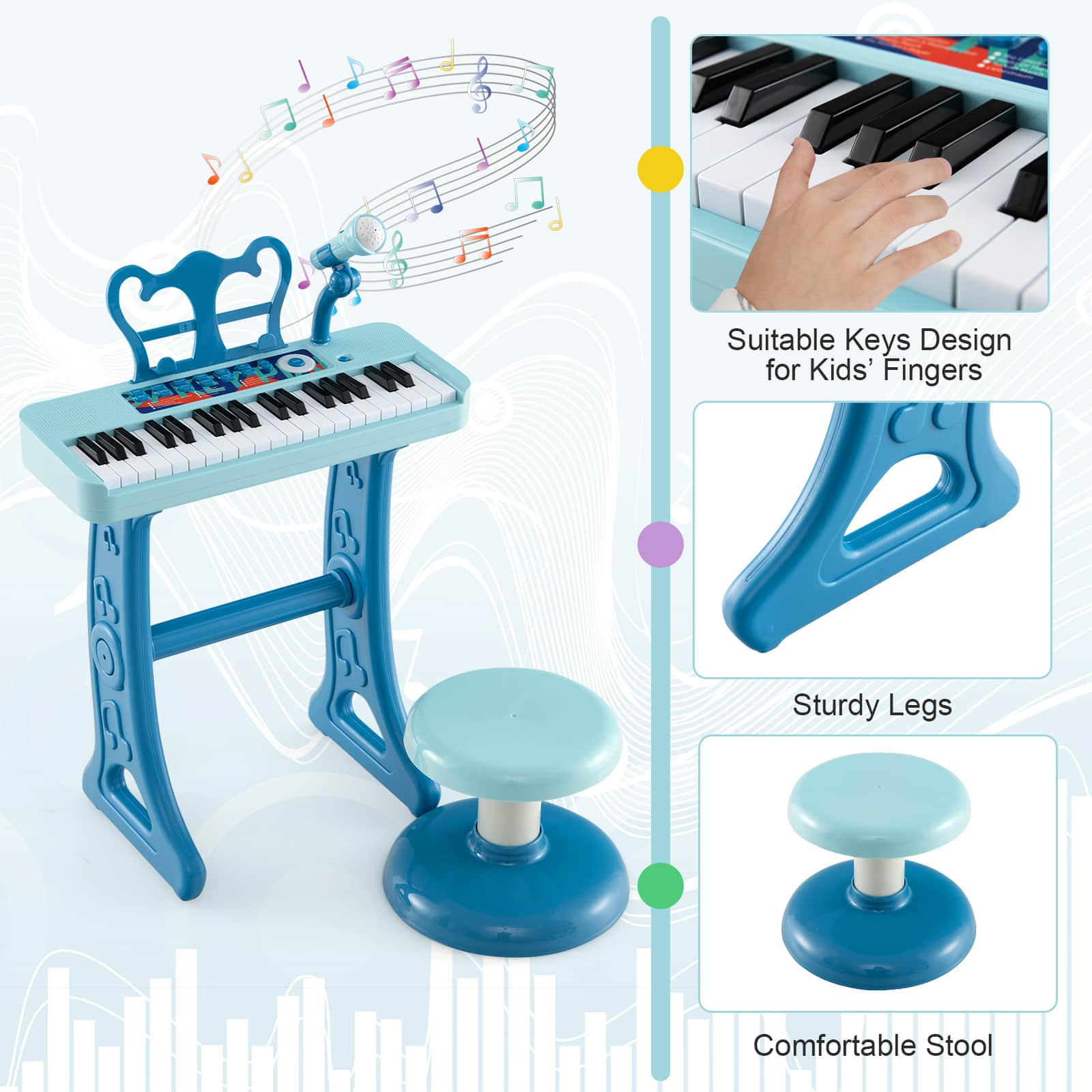 The text on the image reads: "Suitable Keys Design for Kids' Fingers Sturdy Legs Comfortable Stool."