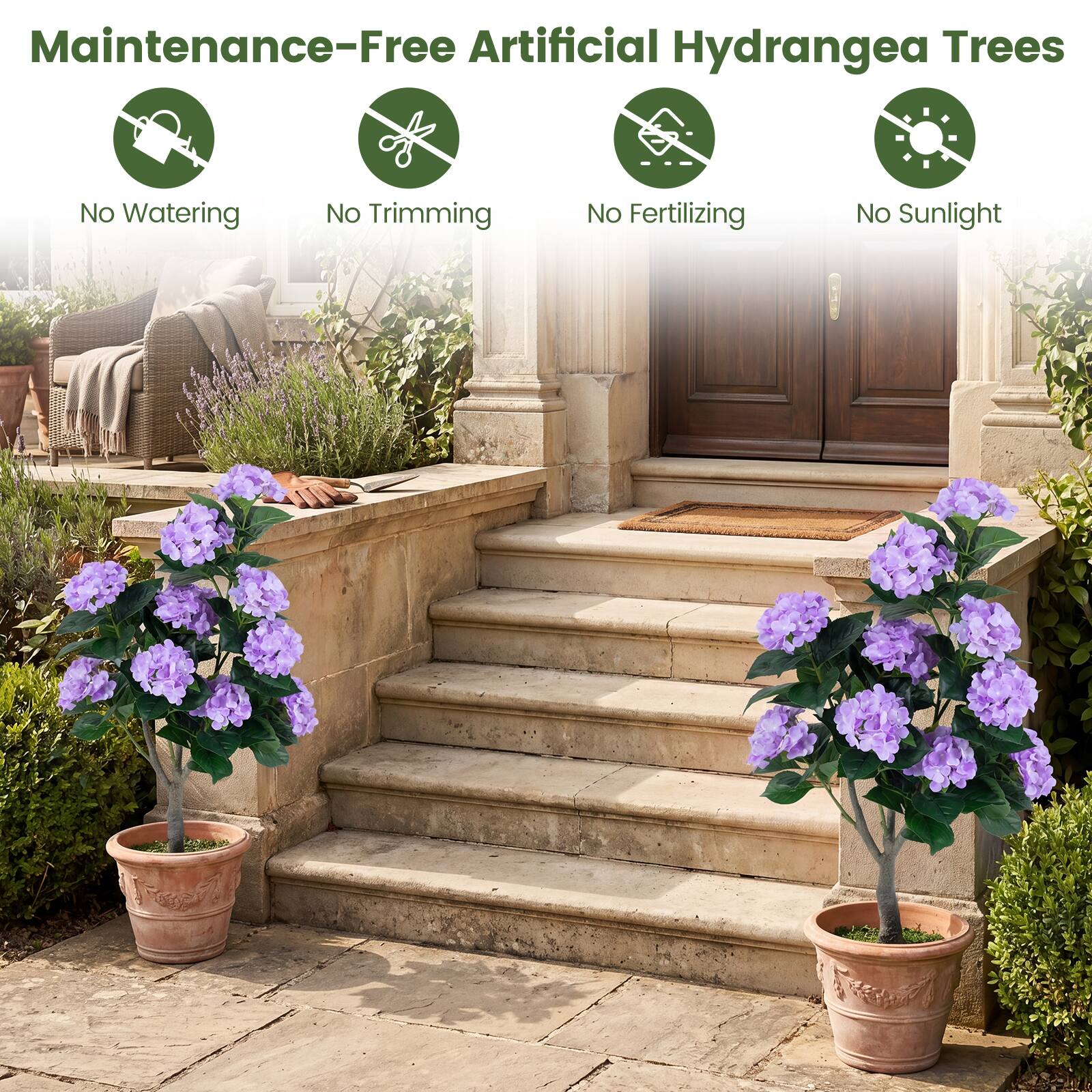 Maintenance-Free Artificial Hydrangea Trees  
No Watering  
No Trimming  
No Fertilizing  
No Sunlight