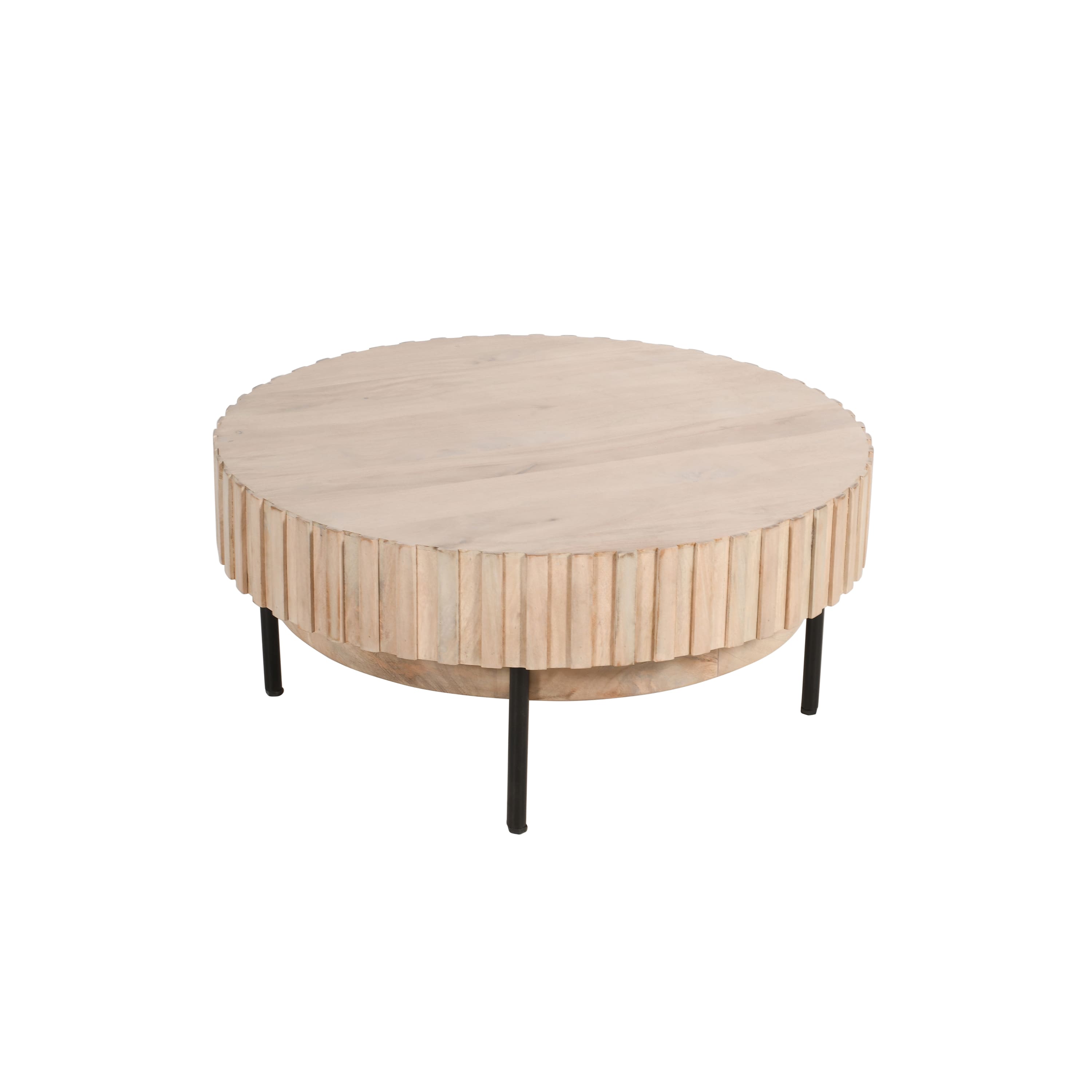 Manhattan Lane - 36 Inch Modern Handcrafted Round Coffee Table, Oak White Wood Top with Grooved Edges, Black Iron Legs - Oak White, Black