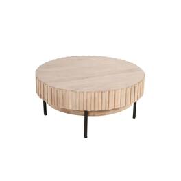 Manhattan Lane - 36 Inch Modern Handcrafted Round Coffee Table, Oak White Wood Top with Grooved Edges, Black Iron Legs - Oak White, Black