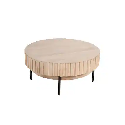 Front. Manhattan Lane - 36 Inch Modern Handcrafted Round Coffee Table, Oak White Wood Top with Grooved Edges, Black Iron Legs - Oak White, Black.