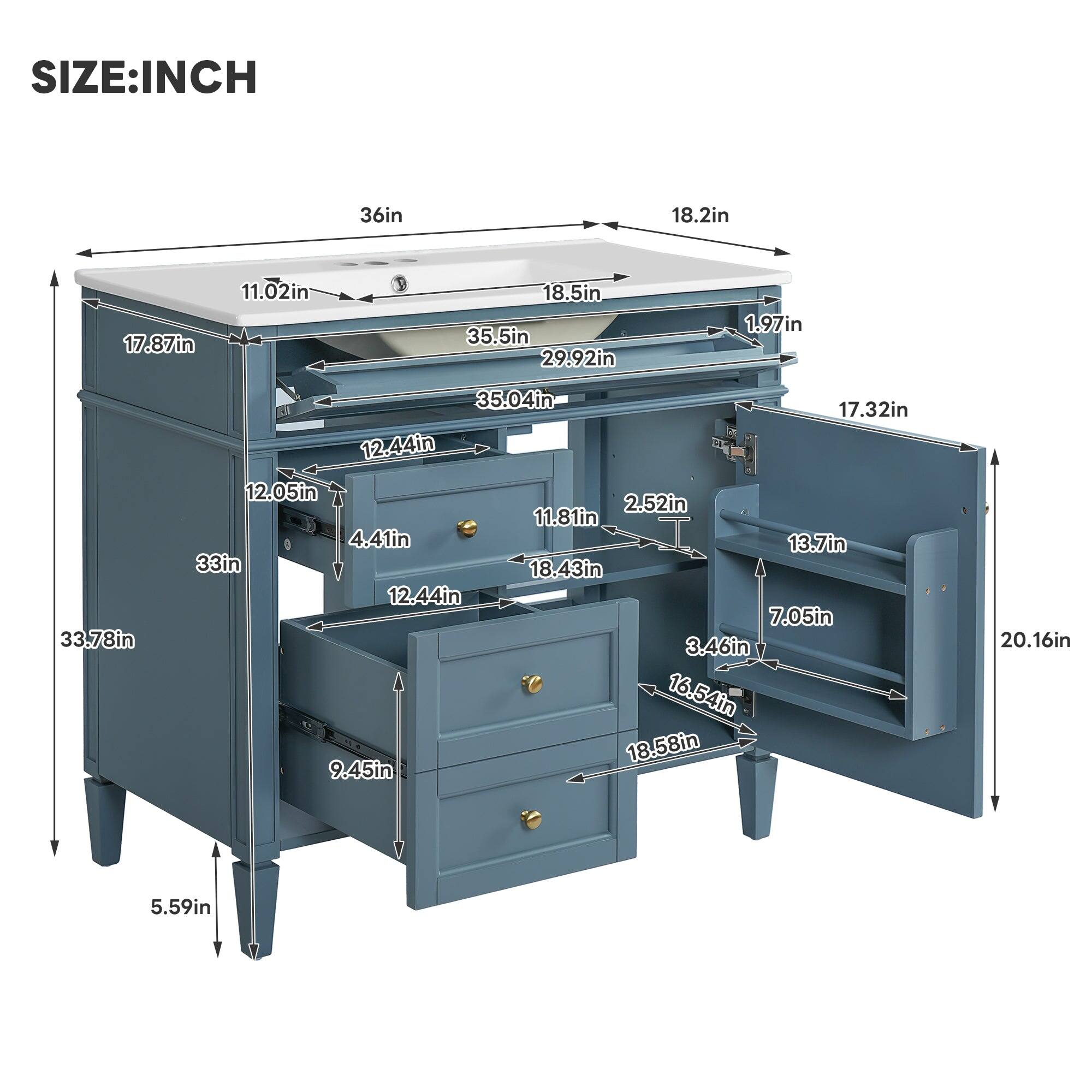 SIZE: INCH  
36in 18.2in 17.87in 11.02in 18.5in 35.5in 29.92in 1.97in 33.78in 35.04in 17.32in 12.44in 12.05in 2.52in 11.81in 4.41in 13.7in 33in 18.43in 12.44in 7.05in 3.46in 16.54in 18.58in 9.45in 20.16in 5.59in