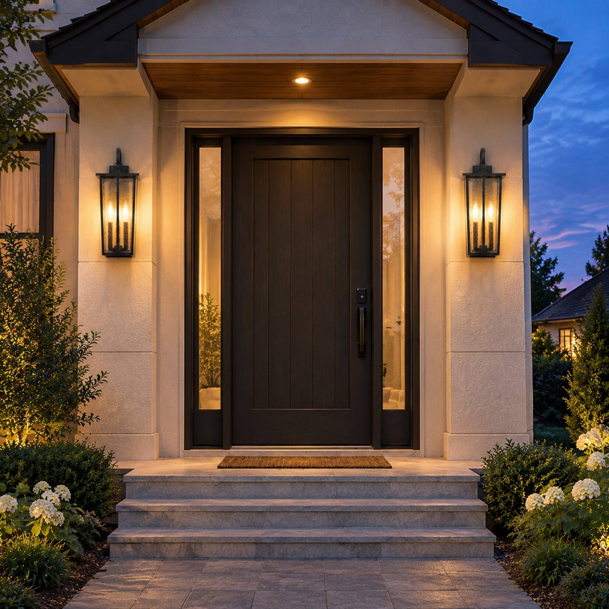 Angle. RYHNUYNE - Dusk To Dawn 18.5 In Outdoor Wall Lantern, 3-Light Waterproof Ripple Glass Exterior Light Fixture Black - Black.
