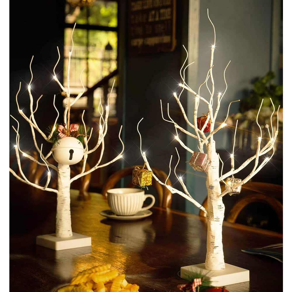 ACJPR - Set of 2 Lighted Birch Trees – White LED Lights, Battery Powered, Timer, Easter & Christmas Decor - Warm White