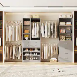 Aheaplus - 49''-127'' Adjustable Closet Organizer System with 6 Drawers, 4 Hanging Rods, and Shelves - Gray