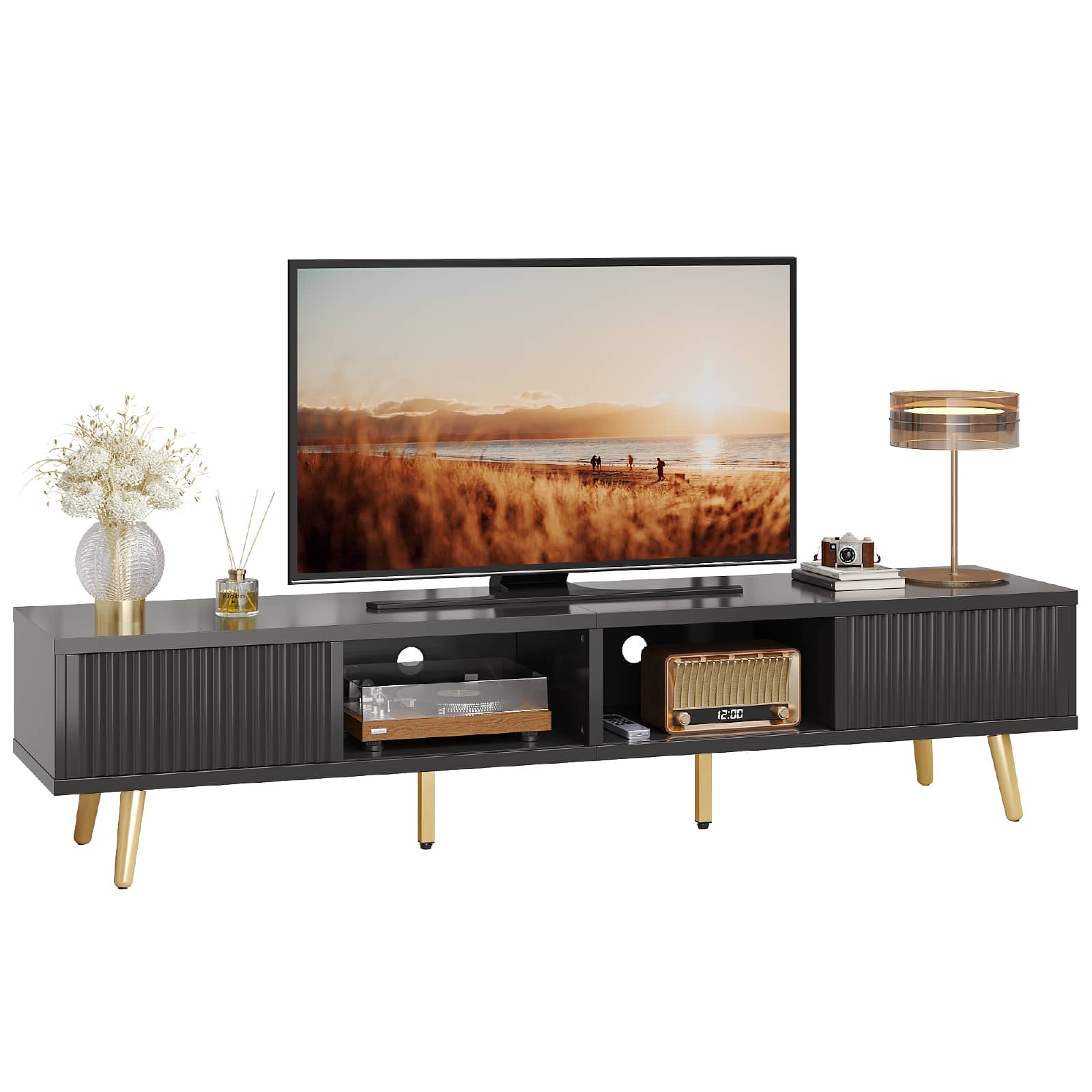 Bestier - 71-inch TV Stand with Sliding Fluted Doors and Adjustable Shelves, Modern Solid Wood Legs for Living Rooms - Black