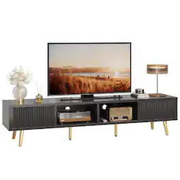 Bestier - 71-inch TV Stand with Sliding Fluted Doors and Adjustable Shelves, Modern Solid Wood Legs for Living Rooms - Black