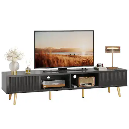 Front. Bestier - 71-inch TV Stand with Sliding Fluted Doors and Adjustable Shelves, Modern Solid Wood Legs for Living Rooms - Black.