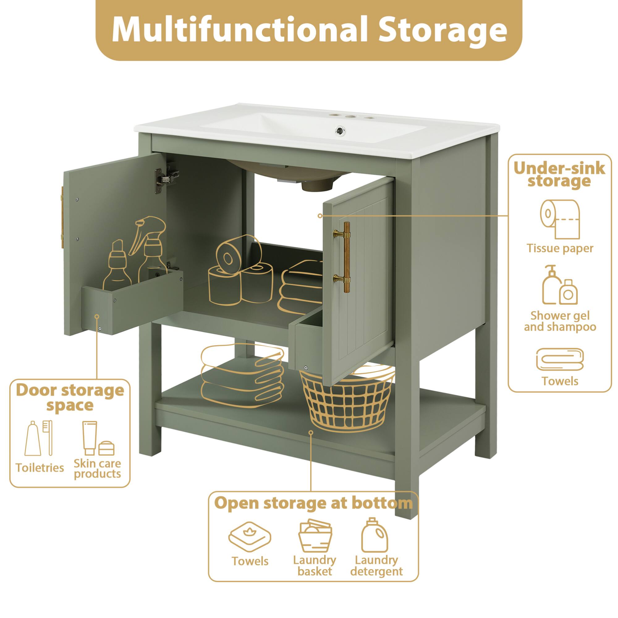 Multifunctional Storage

- Under-sink storage
  - Tissue paper
  - Shower gel and shampoo
  - Towels

- Door storage space
  - Toiletries
  - Skin care products

- Open storage at bottom
  - Towels
  - Laundry basket
  - Laundry detergent