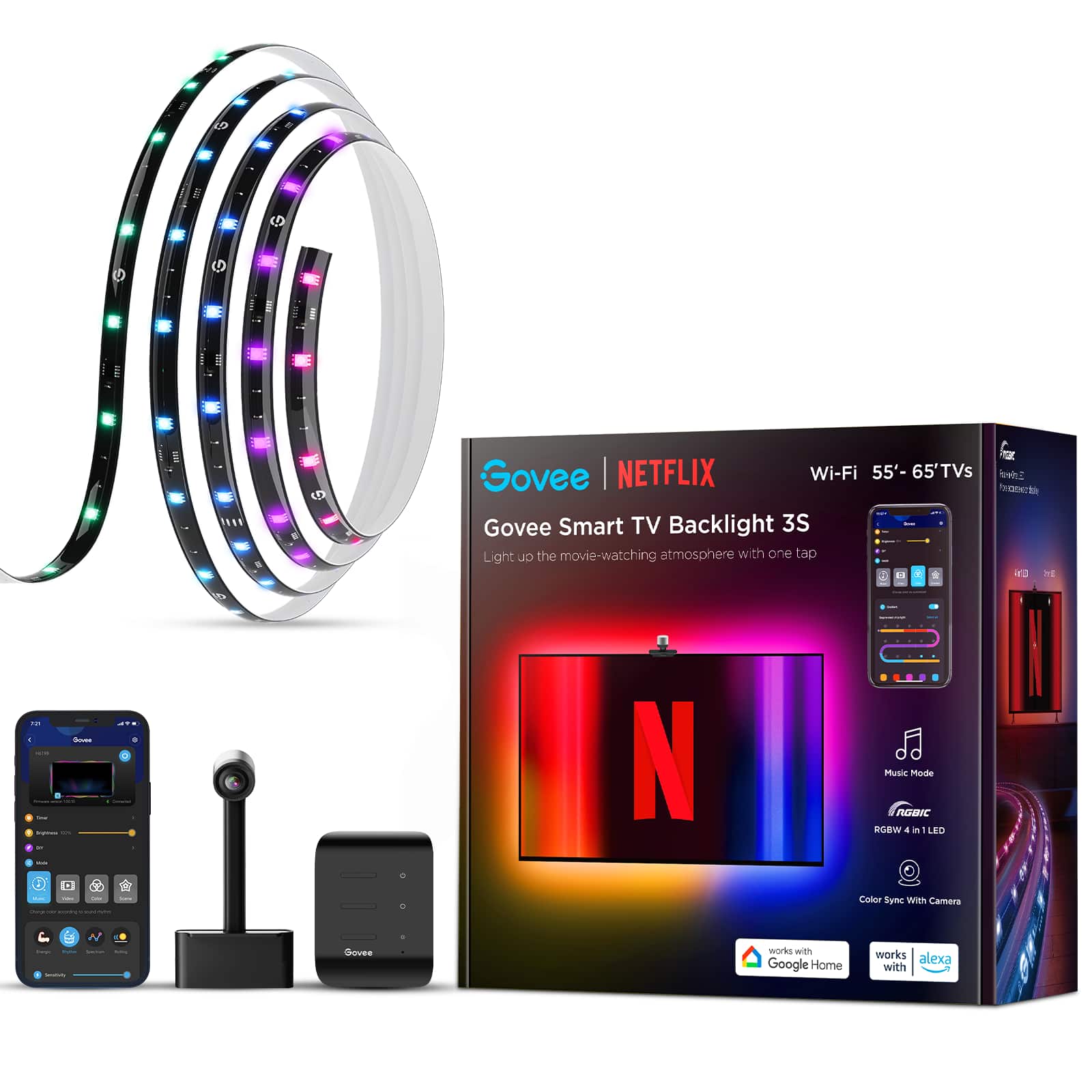 Govee Smart TV Backlight 3S | Netflix Wi-Fi 55" 65" TVs

Light up the movie-watching atmosphere with one tap.

RGBW 4 in 1 LED Color Sync With Camera

Works with Google Home and Alexa.