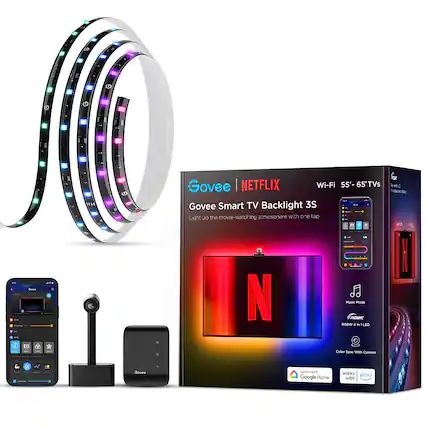 Govee Smart TV Backlight 3S | Netflix Wi-Fi 55" 65" TVs
Light up the movie-watching atmosphere with one tap.
RGBW 4 in 1 LED Color Sync With Camera
Works with Google Home and Alexa.
