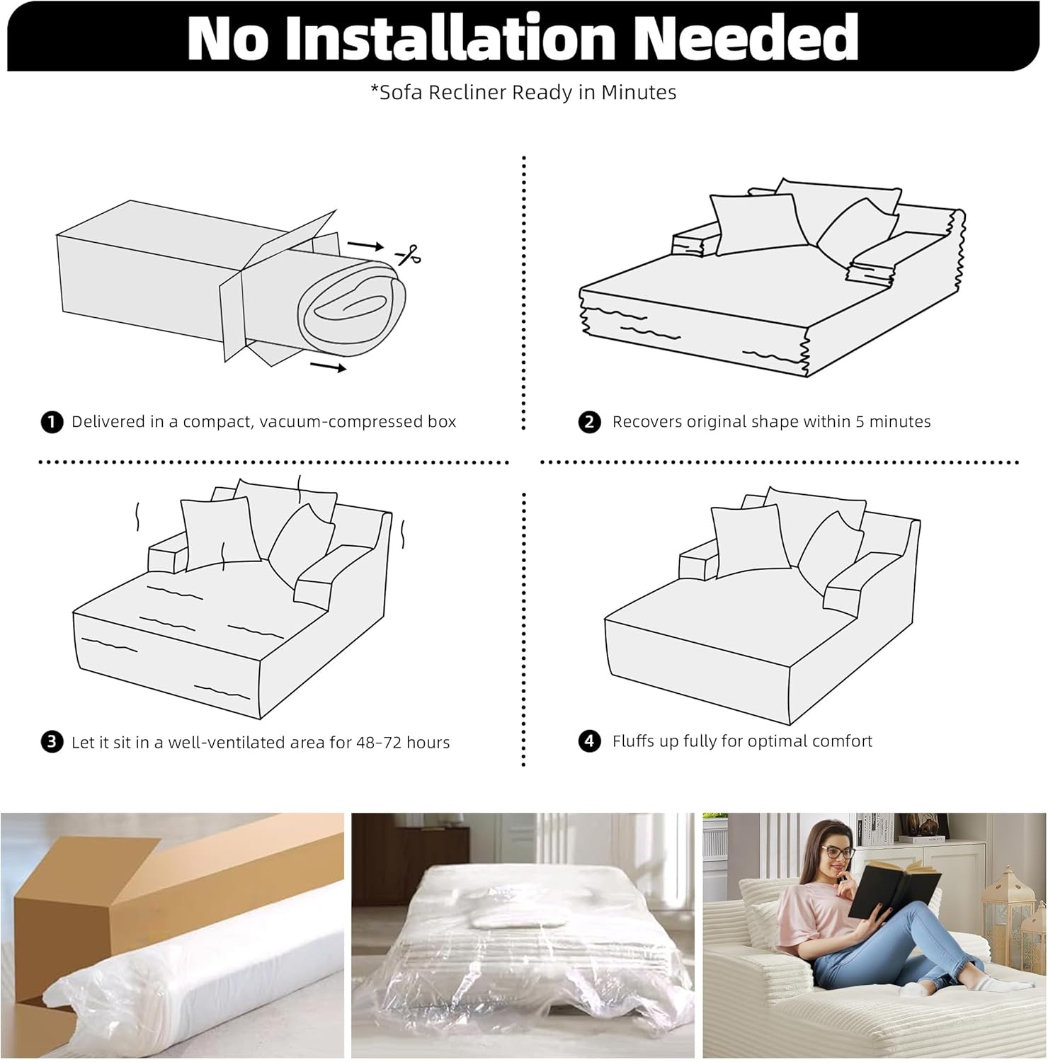 No Installation Needed  
*Sofa Recliner Ready in Minutes  

1. Delivered in a compact, vacuum-compressed box  
2. Recovers original shape within 5 minutes  
3. Let it sit in a well-ventilated area for 48-72 hours  
4. Fluffs up fully for optimal comfort