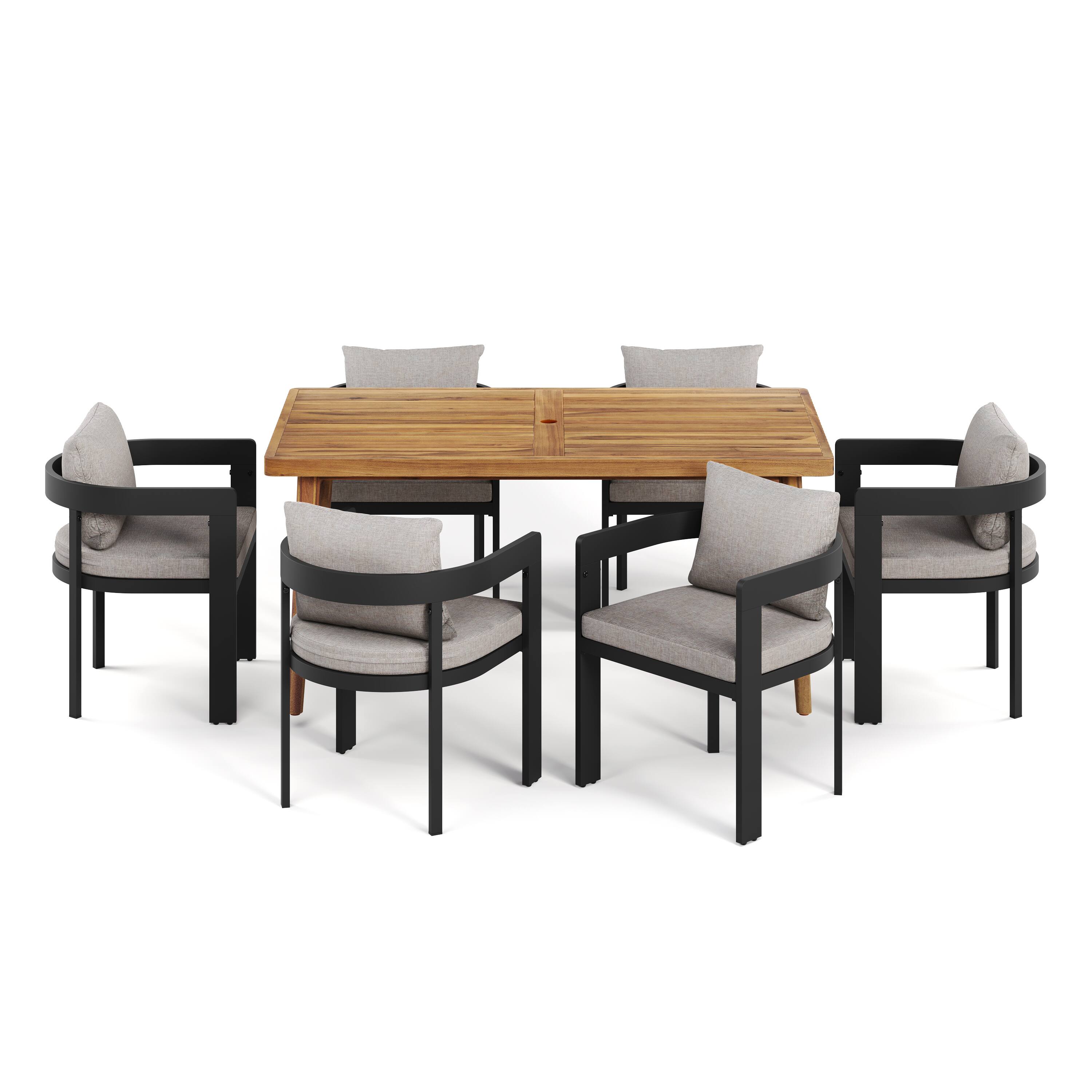 Left. Mondawe - 7 Pieces Outdoor Patio Dining Set,6 Aluminum Dining Chair with Cushion and 1 Acacia Wood Dining Table - Teak+Black.