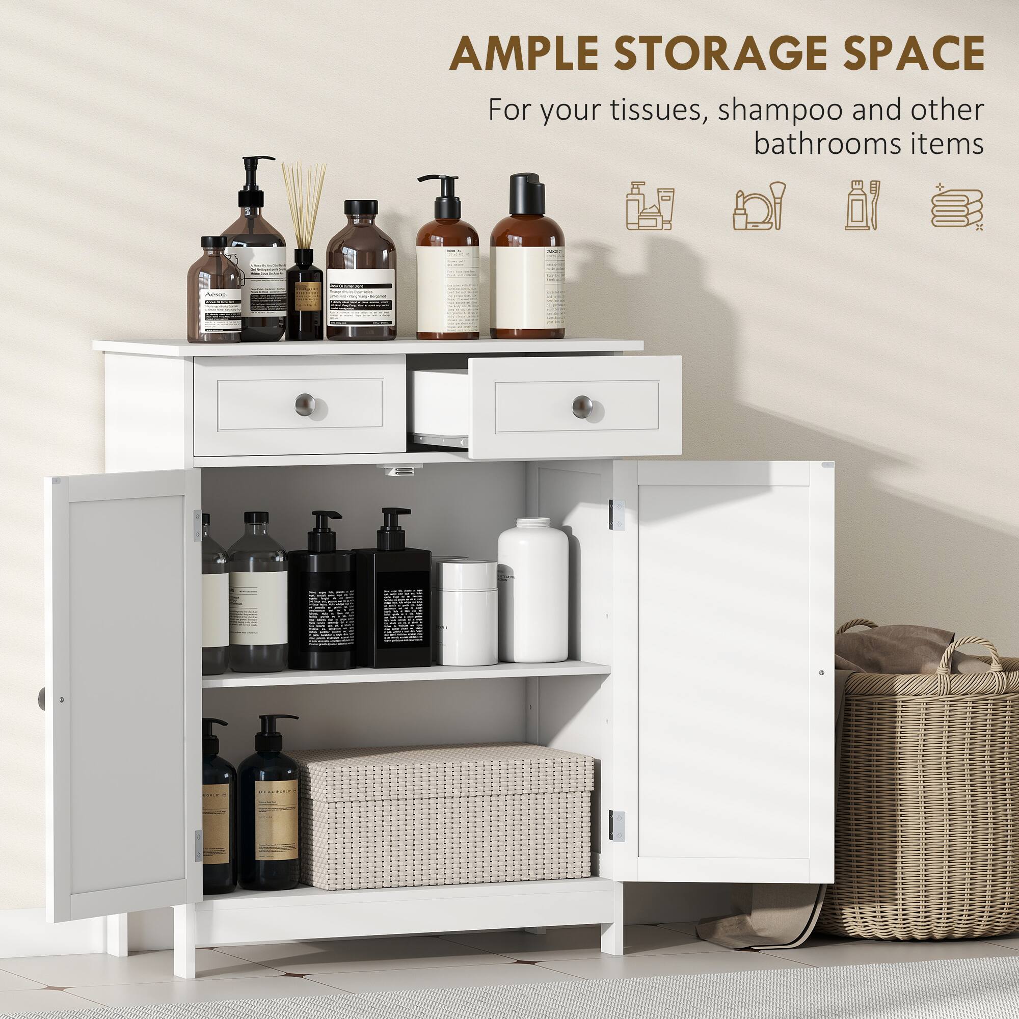 AMPLE STORAGE SPACE  
For your tissues, shampoo and other bathrooms items