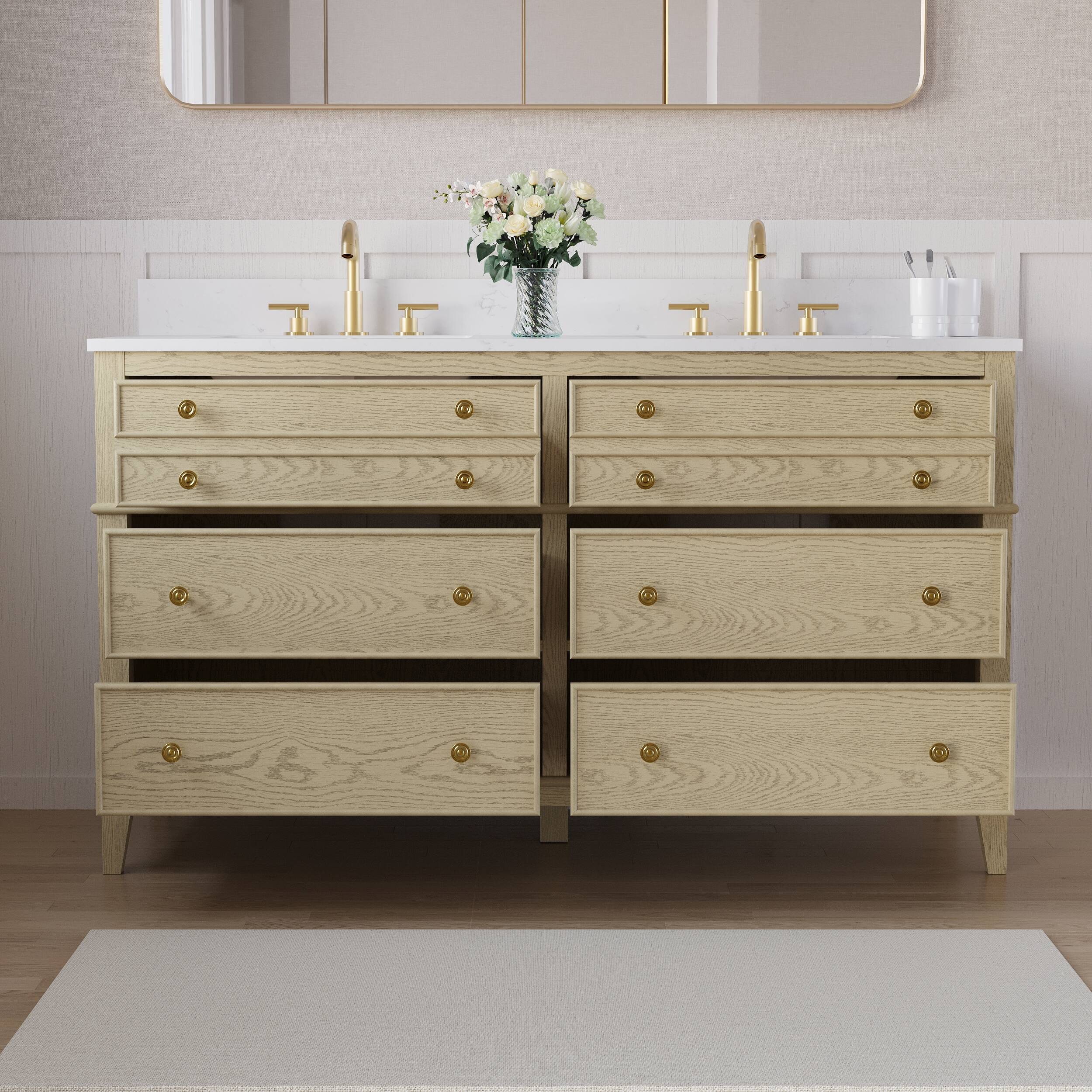 Left. WELLFOR - MEGAN 60 in. Freestanding Solid Wood Bath Vanity with Quartz Top, Double Sink, Soft Close, Assembled - OAK.