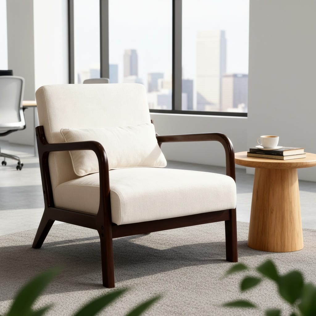 Forest'nSky - Brown Wood Mid Century Modern Office Chair with Solid Wood Frame & Lumbar Pillow with Cushion - Beige