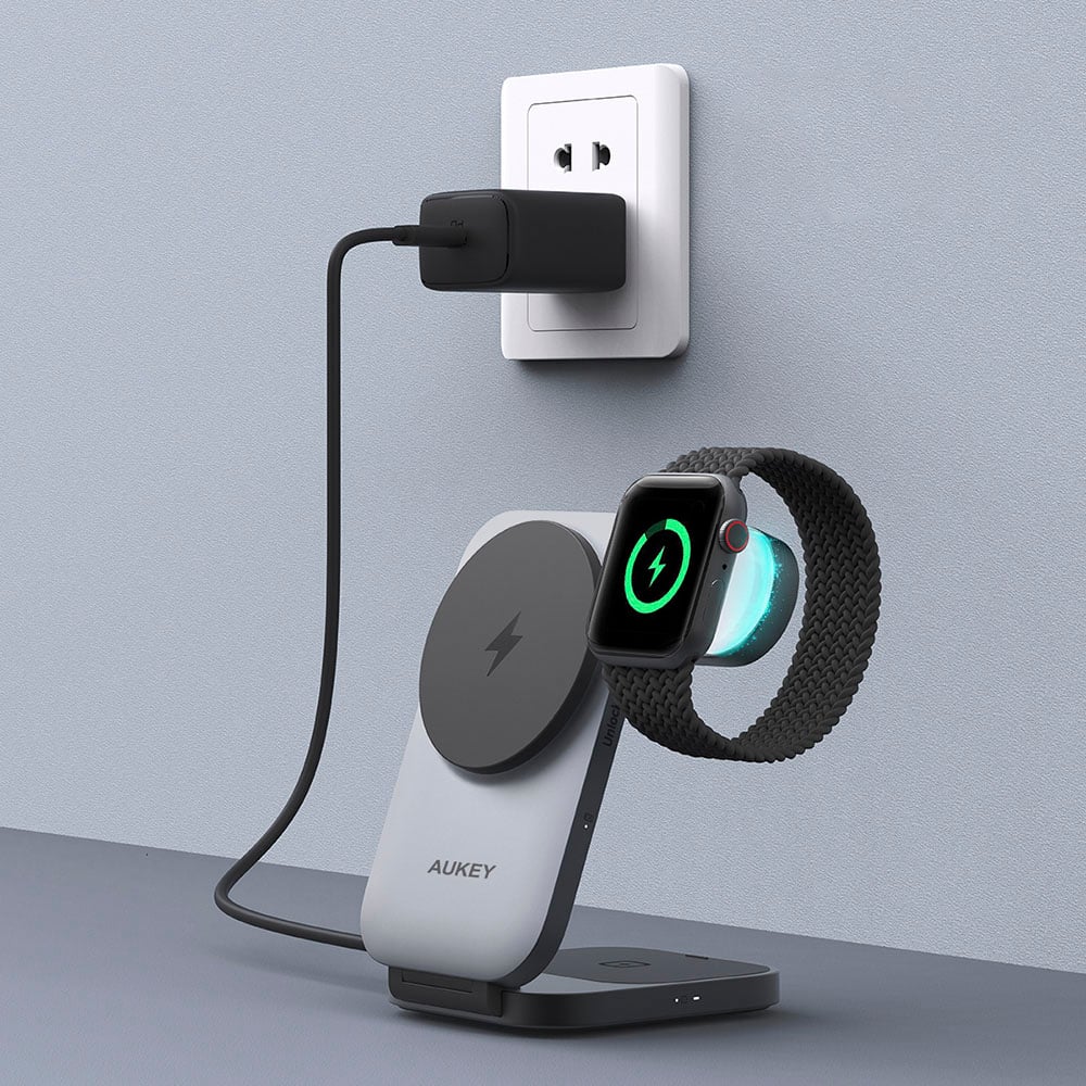 Alt View 5. Aukey - MagFusion 3-in-1 Foldable Magnetic Wireless Charger (Qi 2.0, 30W, Charging Plug) - Grey.