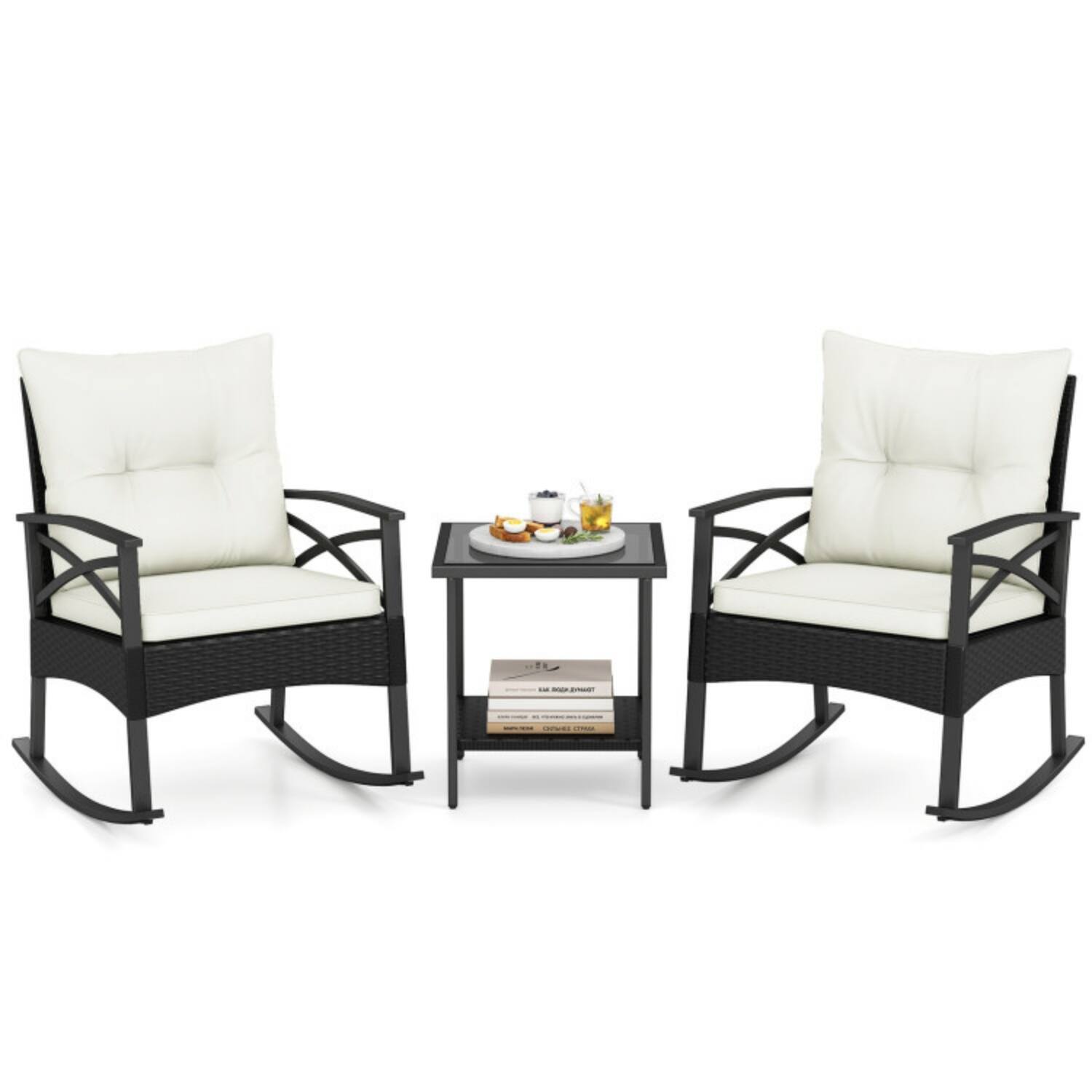 Alt View 5. Mondawe - 32 x 25.5 x 31 IN Freestanding Outdoor Rattan Rocking Chair Set with Table 3-Piece - Mix Brown+White.