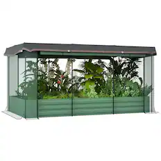 Front. Outsunny - Steel Planter Box with Crop Cage and Shade Cloth, Raised Garden Bed for Flowers - Green.